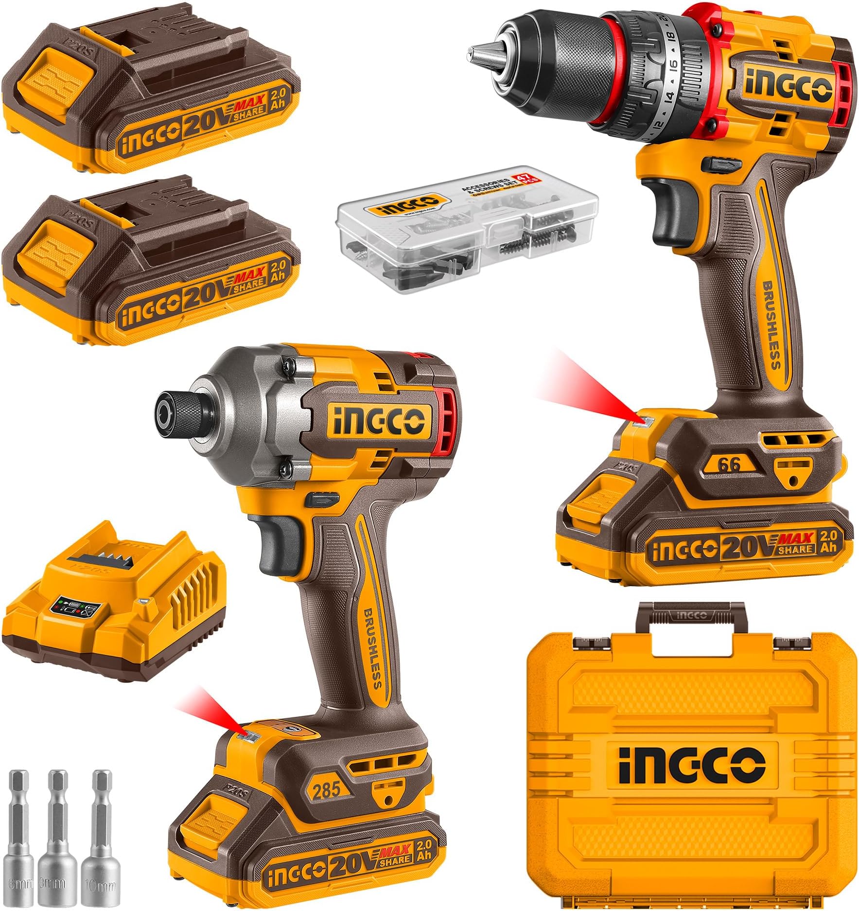 Impact Driver 285NM and Impact Drill 66NM Twin Pack, 20V Brushless Motor, with 2Pcs 2.0Ah Battery and 1Pcs Charger CKLI20277