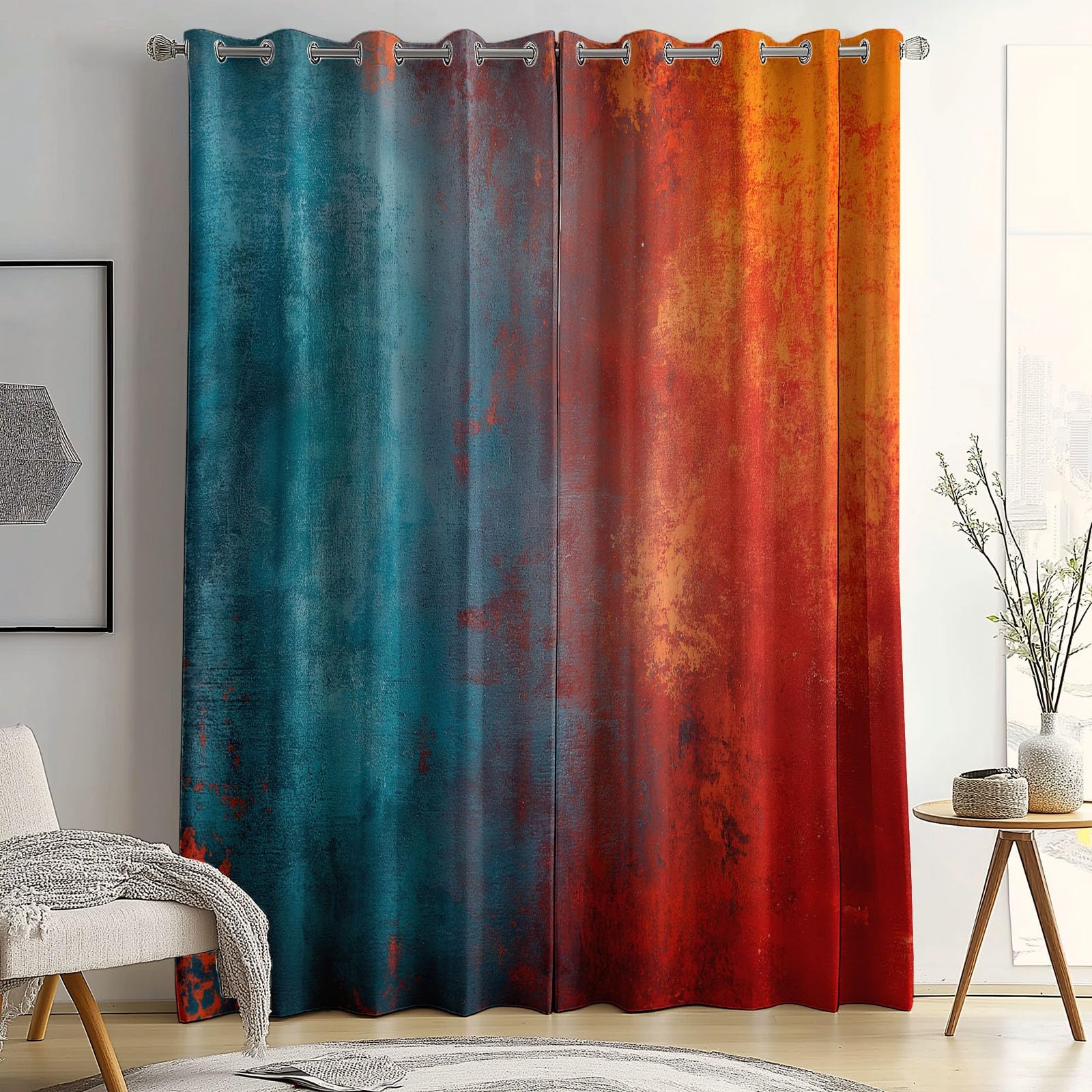 Rideaux Isolants 110L X 215H cm (2 Panneaux), Design Texture Rouille Vintage Tenture Opaque Anti-Chaleur pour Chambre Principale, Bleu Rouge