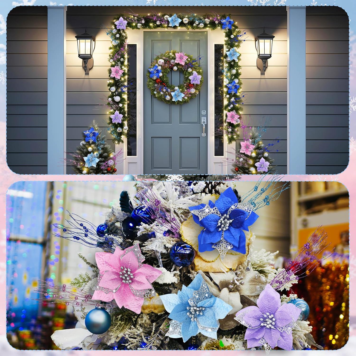 Suncalla Cartoon Blue Alien Christmas Decoration Light Blue Pink Purple Artificial Glitter Berry Stem Poinsettia Flowers Decoration and 32.8 ft Ribbon Animation Themed for Cartoon Hawaiian