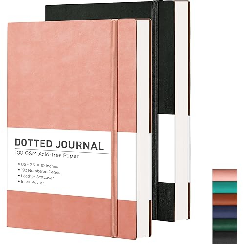 RETTACY Bullet Dotted Journal Notebook, 2-Pack, 192 Numbered Pages per Pack, B5 Medium Size (7.6'' × 10''), Leather Softcover, 100 GSM Thick Paper, for Bullet Journaling (Black & Pink)