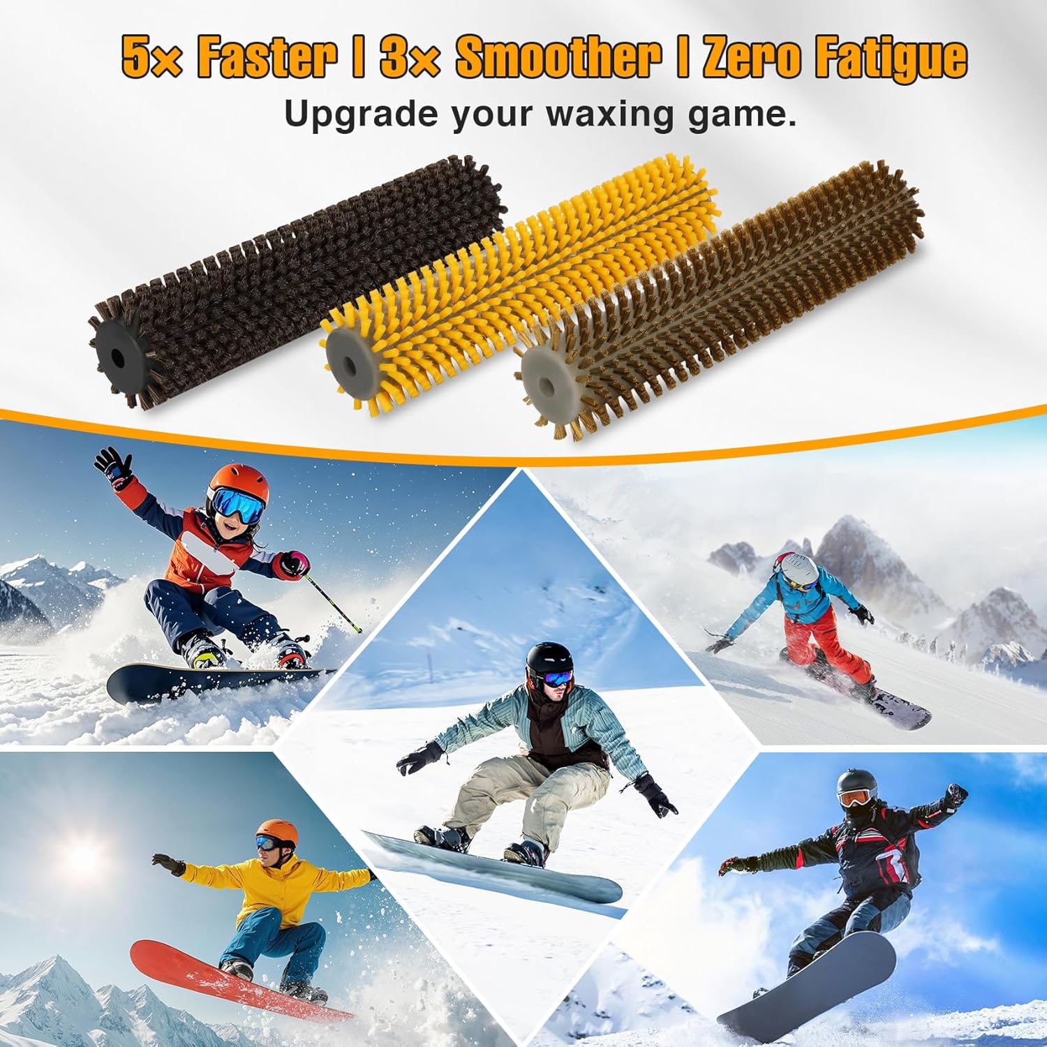 Ski Snowboard Roto Brush Kit with Quick-Change Axle – 3-Brush Waxing Kit (Brass, Horse Hair and Nylon) for Waxing