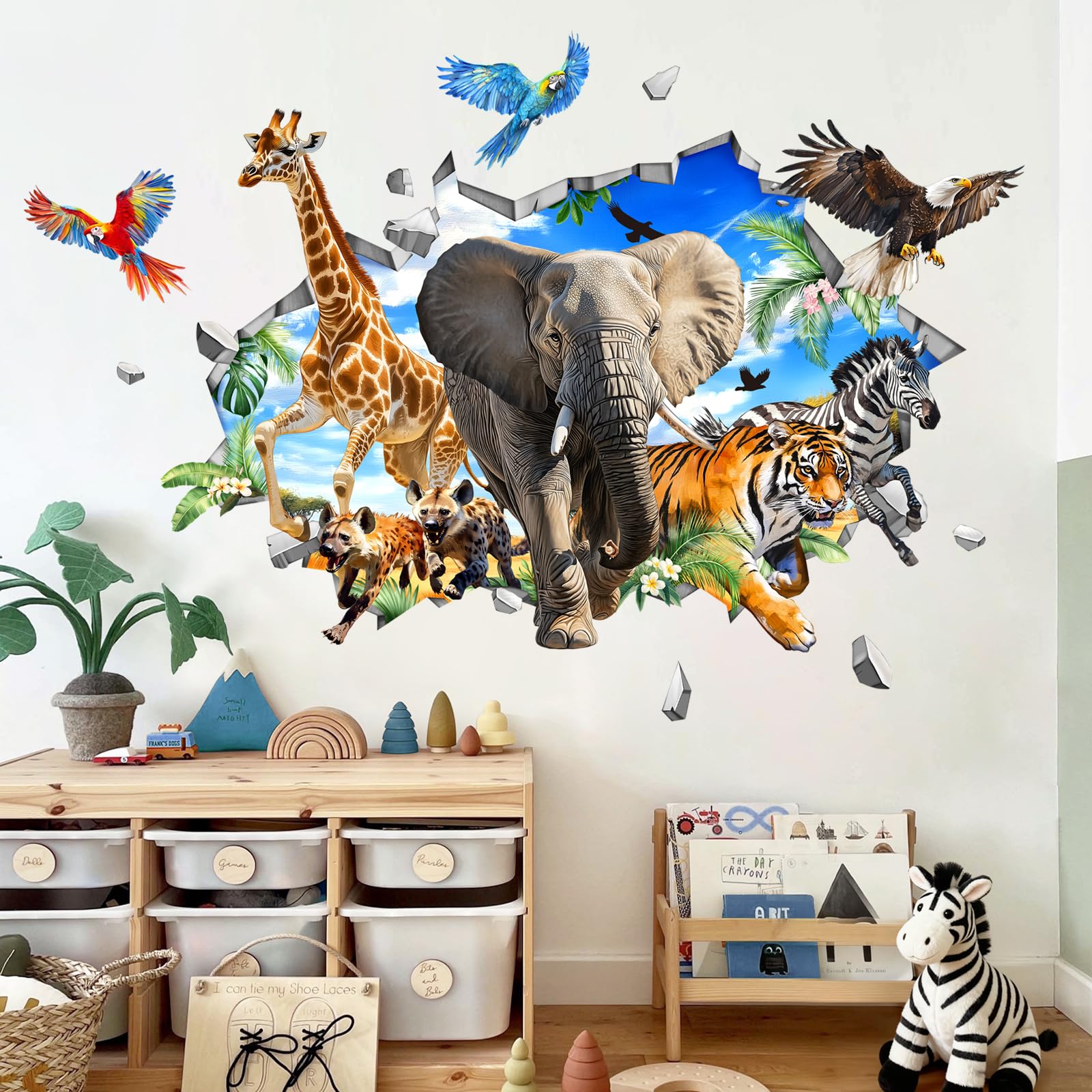 Supzone 3D Safari Animals Wall Stickers Jungle Elphant Giraffe Tiger Leopard Zebra Wall Decals Boy Baby Nursery Kids Bedroom Playroom Decor - Image 2