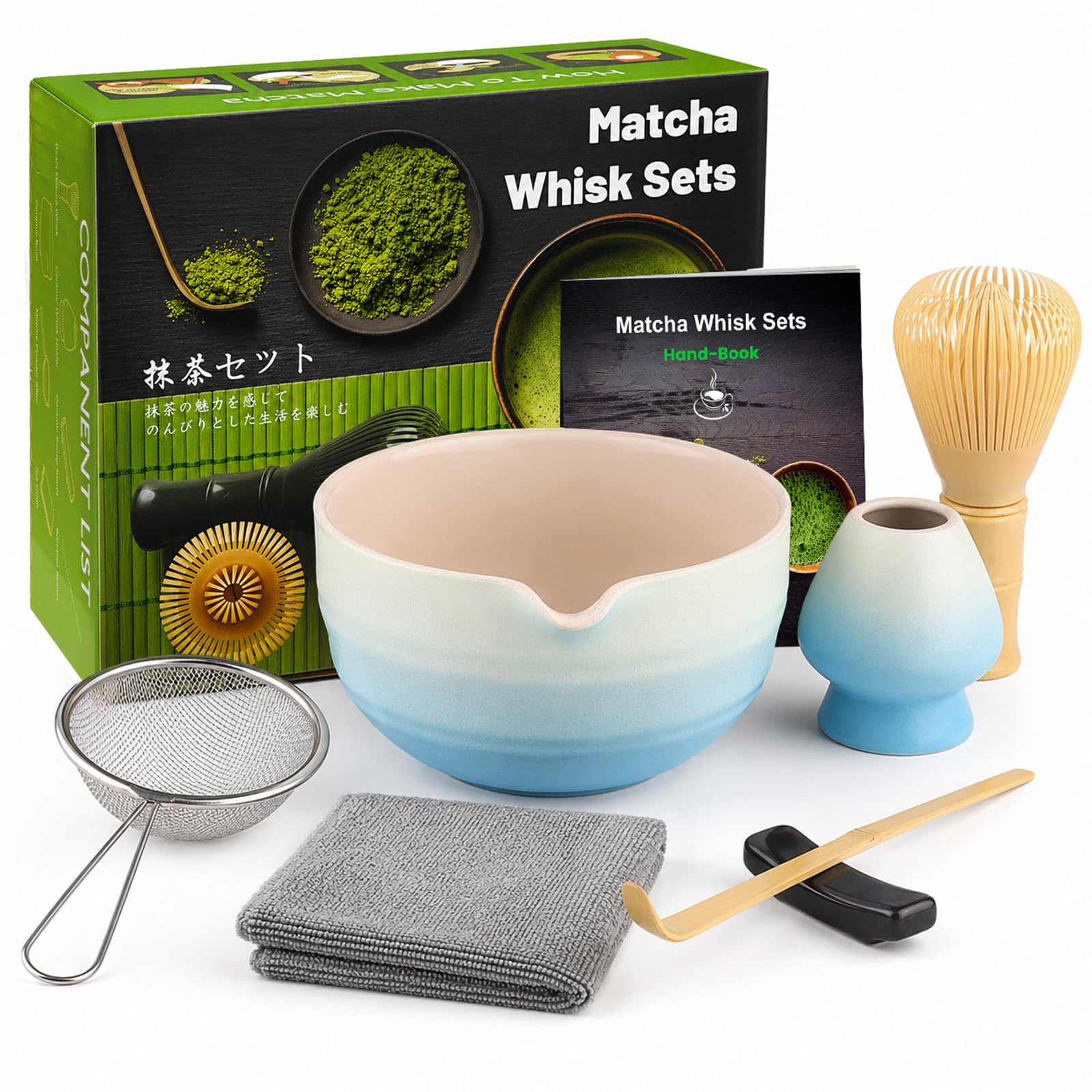 7pcs Matcha Set, Matcha Whisk Set - Matcha Whisk Plastic, Whisk Holder, Matcha Bowl, Scoop, Sifter, Absorbent Cloth - Japanese Tea Ceremony Set for Home Use or as a Gift, Gradient Blue