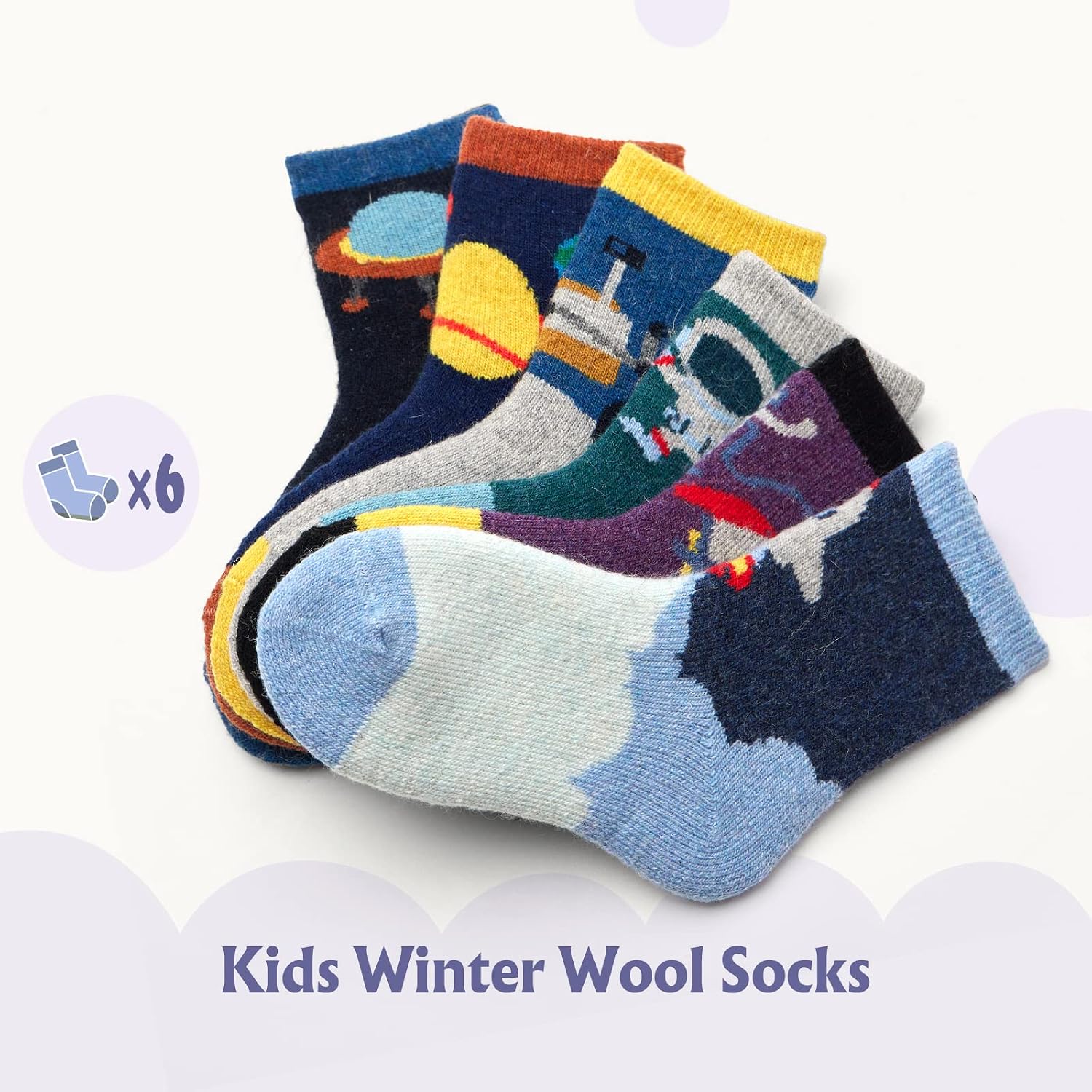 Boys Wool Socks Kids Thick Winter Warm Socks Thermal Crew Socks for Boys Space 6 Pack