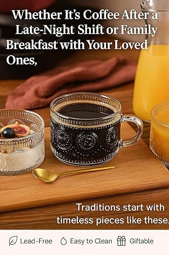 Miniatura 5 de JBHO Tazas de café de vidrio vintage de 14 onzas, 4 tazas de vidrio transparente en relieve con tapas y cucharas de bambú, regalos para mujeres,