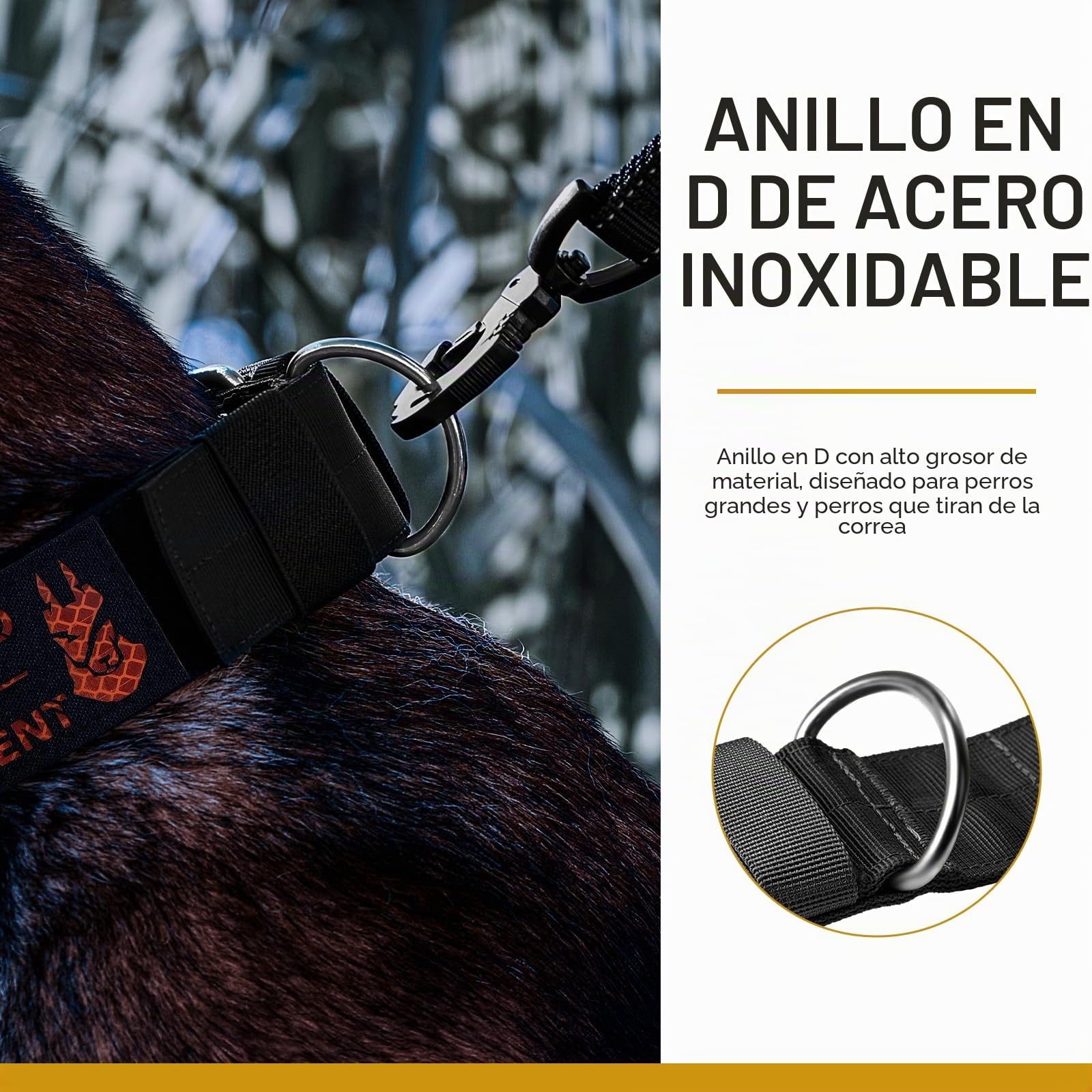 OneTigris - Collar de 5 cm de ancho para perros grandes con asa y parche, negro, L