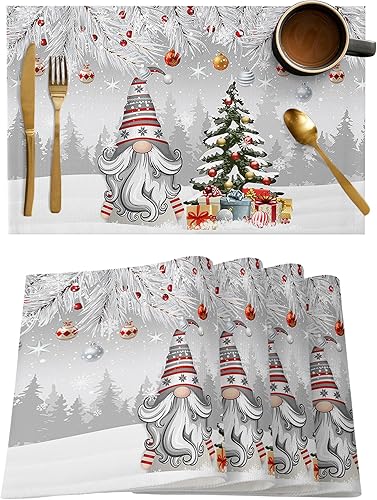 Juego de 6 manteles individuales de gnomo de Navidad, bolas de árbol de Navidad, resistentes al calor, lavables, manteles individuales de algodón