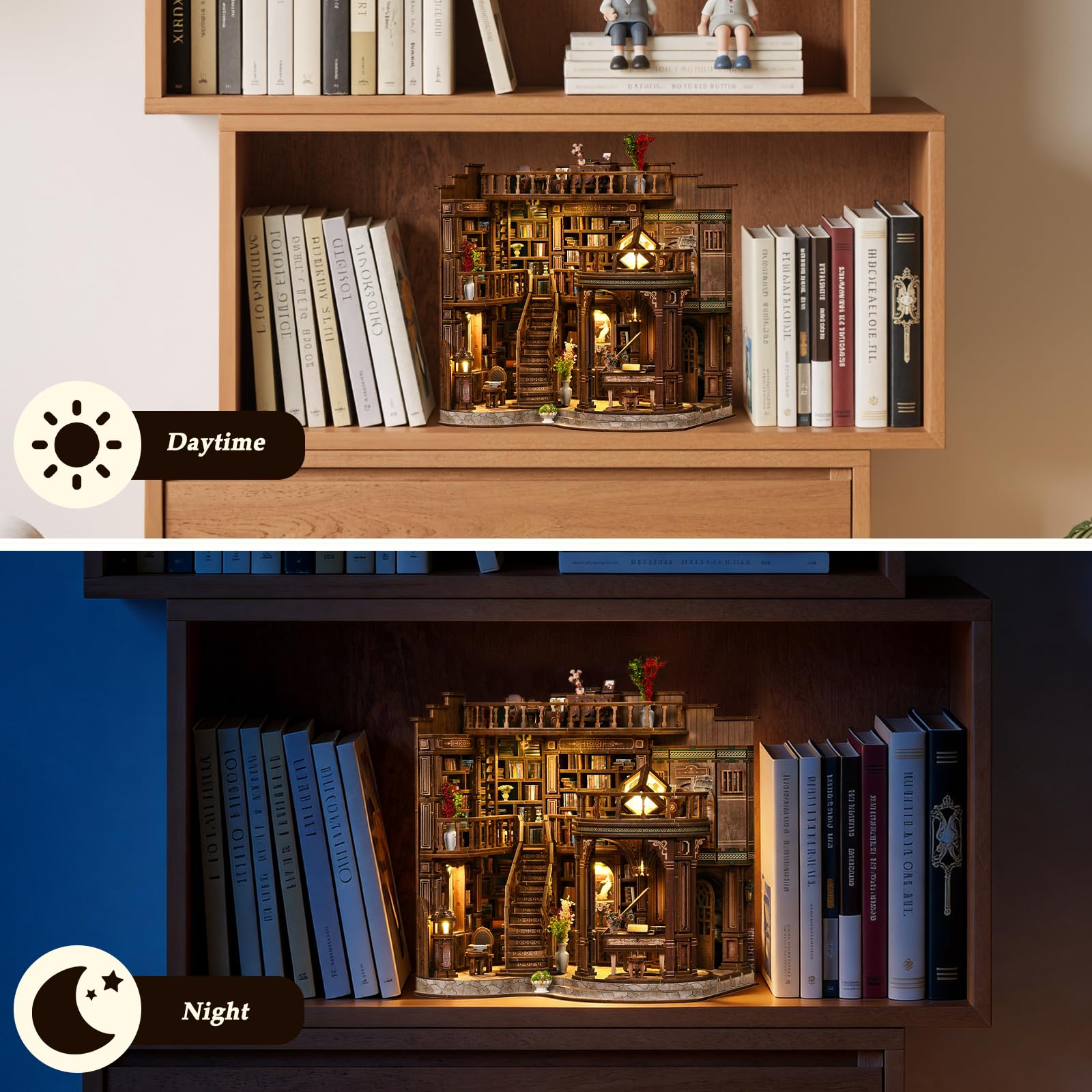 Zestaw do samodzielnego wykonania książek dla dorosłych, 3-poziomowy miniaturowy domek drewniany ze światłem LED, retro, do gabinetu, puzzle 3D, ciężkie (poziom 5), regał na książki, dekoracja, zestaw