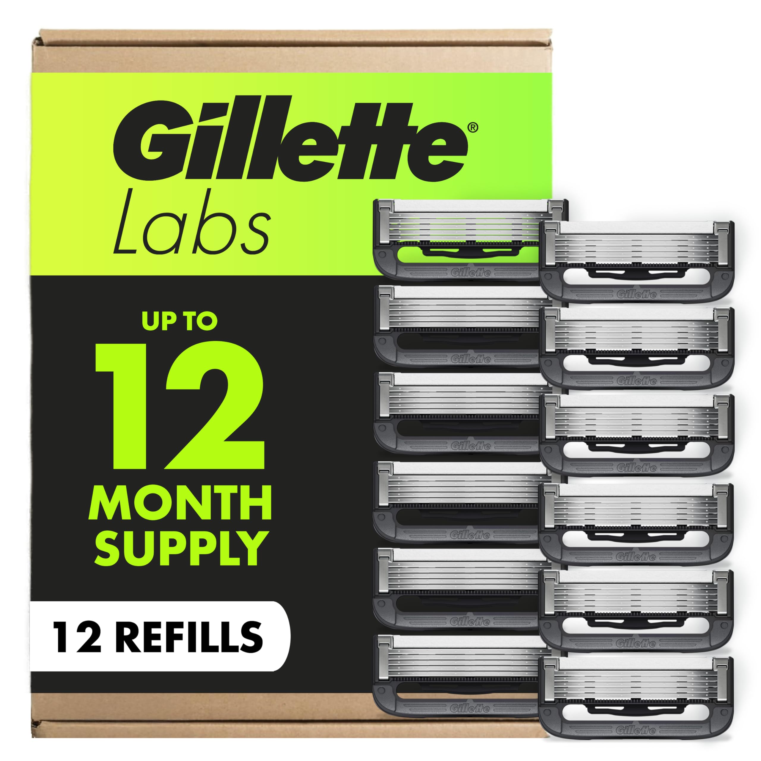 GilletteLabs Razor Blade Refills, 12ct Razor Cartridges, Razor Refills for Men Compatible with GilletteLabs Exfoliating Bar Razor and Heated Razor
