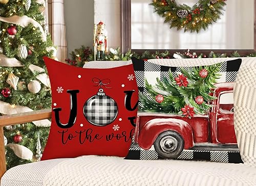 Miniatura 4 de 4TH Emotion Juego de 4 fundas de almohada navideñas a cuadros de búfalo de 20 x 20 pulgadas, decoraciones navideñas de granja, árbol de Navidad,