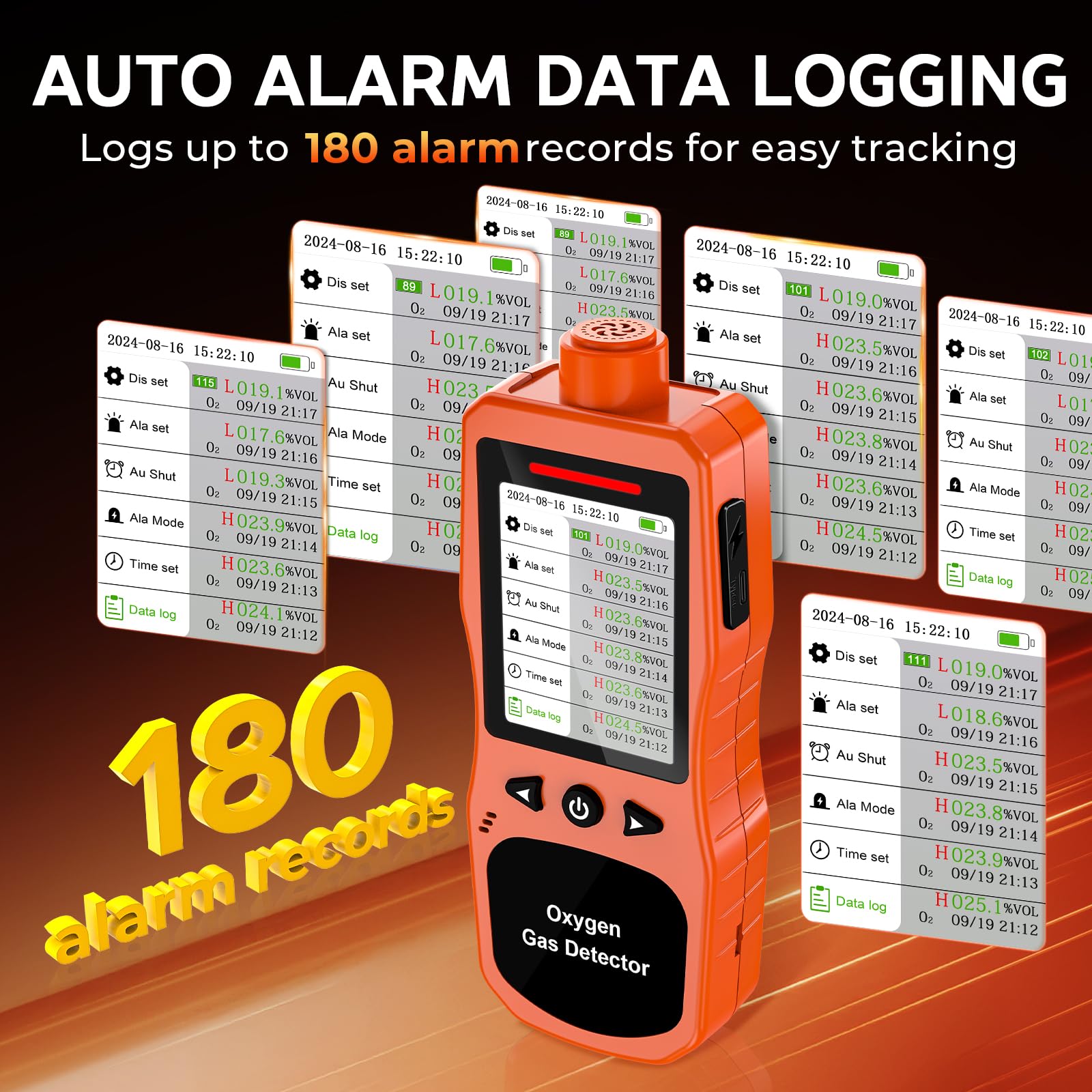 Detector de Oxígeno Portátil 0-30% Vol, Monitor de O2 Recargable con Alarmas, Medidor de Calidad del Aire y Oxígeno Que Mide Temperatura y Humedad para Uso Interior y Exterior