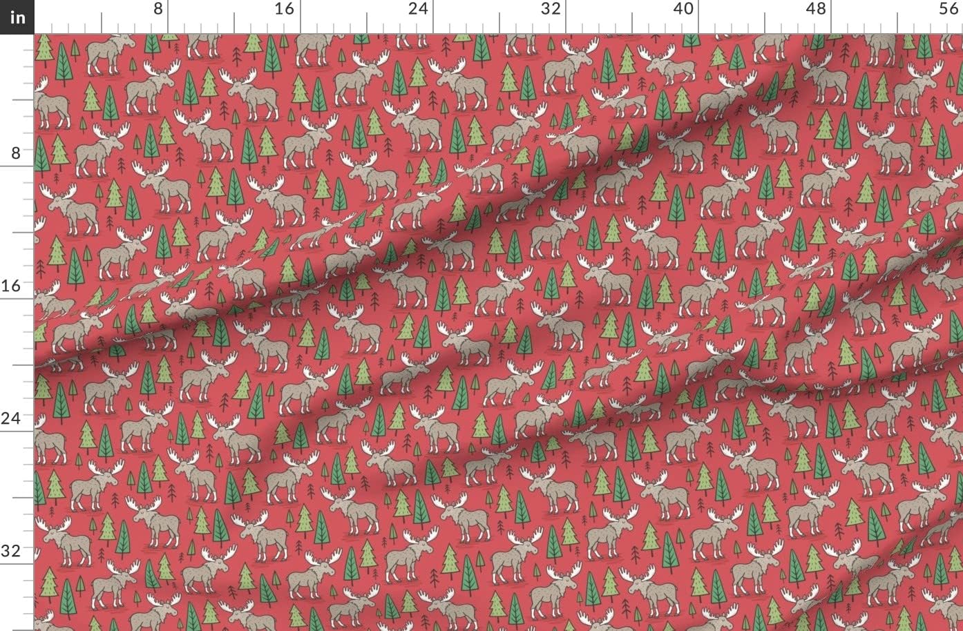 Spoonflower Fabric - Forest Woodland Moose Trees Red Fall Autumn Christmas Printed on Organic Cotton Sateen Fabric by The Yard - Sewing Quilting Apparel Home Decor