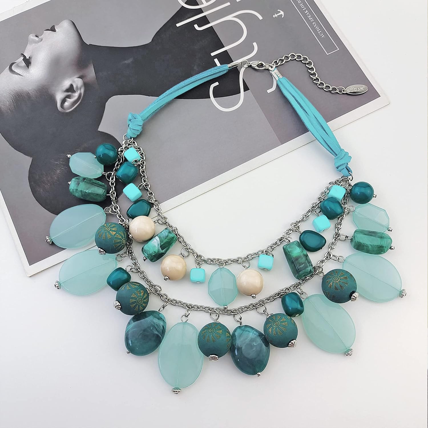 BOCAR Chunky Beaded Statement Necklace – 2 Layer Collar, Resin & Wood Beads, Gift Box, 17.5/20 Inch