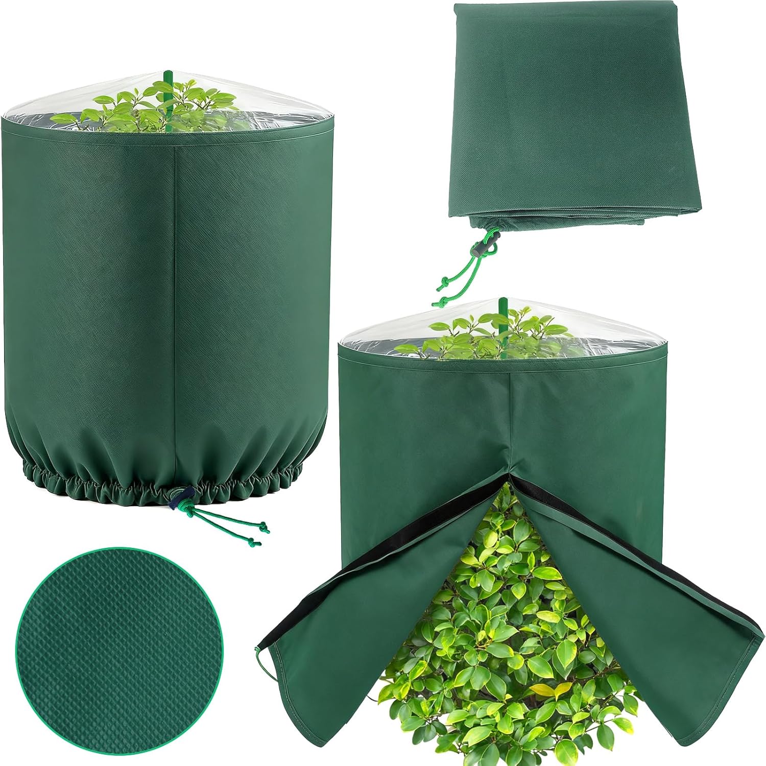 47" Dia x 61" H Winter Plant Cover – Cylindrical Shrub & Tree Protection Bag with Transparent Top, 3.5oz/yd² Frost Cloth, Drawstring and Hook & Loop Straps