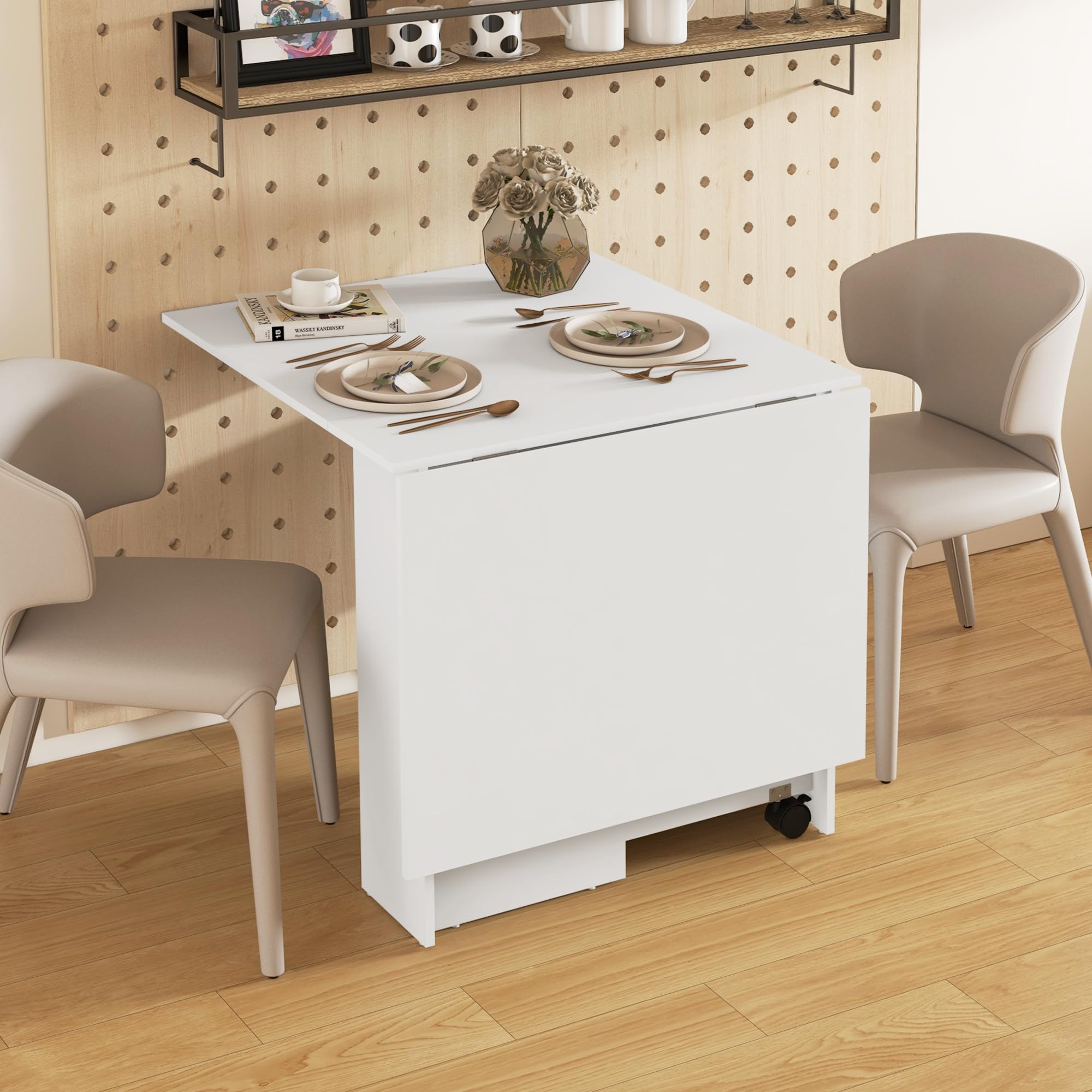 HOMCOM Tavolo da Pranzo Pieghevole, Tavolo Cucina a Ribalta con Ruote a Freno per 4-6 Persone, Scrivania Richiudibile con Ripiani, per Soggiorno, 140x80x74 cm, Bianco