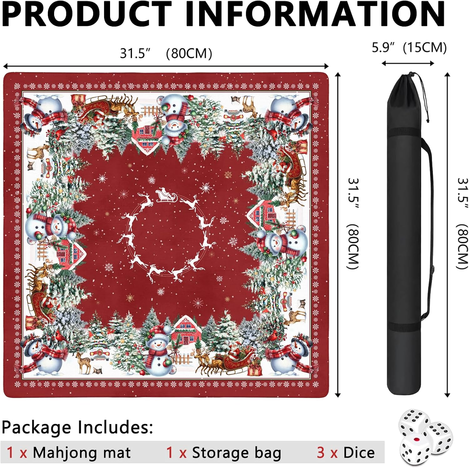 Christmas Mahjong Gifts, Mahjong Mat with Carrying Bag and 3 Dice, 31.5" X 31.5" Noise Reduction Mahjong Mat for Table, Mahjong Accessories Non Slip Gaming Mat for Board Tile Games Poker Card Dominoes image 5