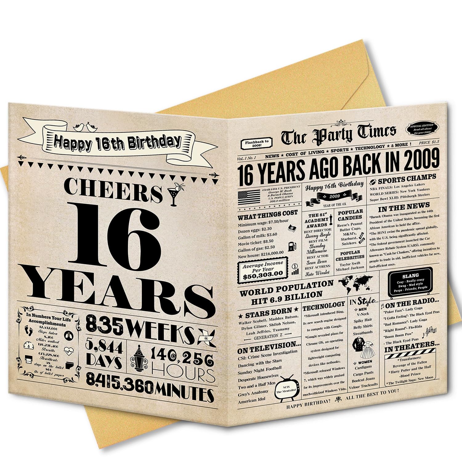 16th Birthday Card, 16th Birthday Decorations for Girls Boys, 16th Birthday Gifts for Son Daughter, Back in 2009 Birthday Card