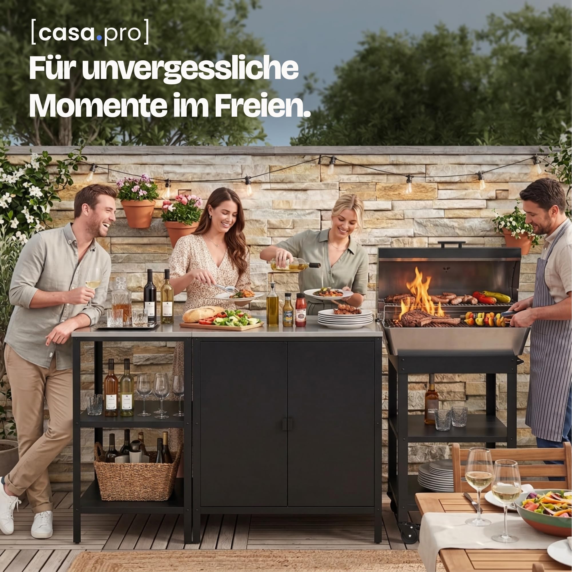 casa.pro Outdoorset Bolognano Gartenmöbelset Outdoor-Standregal und Outdoor-Schrank im Set Gartenschrank Gartenregal für Grill Möbelset für Drinnen und Draußen Schwarz matt