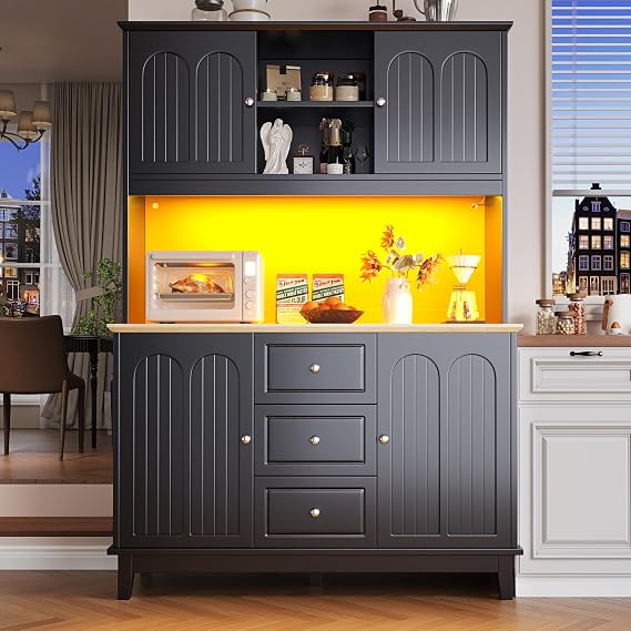 Kitchen Cabinet, Kitchen Cupboard with Adjustable Shelves, Kitchens Sideboard 4 Drawers and 3 Doors and LED-Lighting, Kitchens, Living Room, Dining Room, Black, 120 x 40 x 180 cm