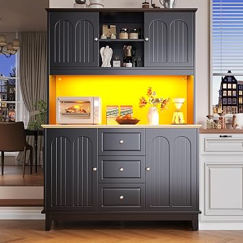 Kitchen Cabinet, Kitchen Cupboard with Adjustable Shelves, Kitchens Sideboard 4 Drawers and 3 Doors and LED-Lighting, Kitchens, Living Room, Dining Room, Black, 120 x 40 x 180 cm