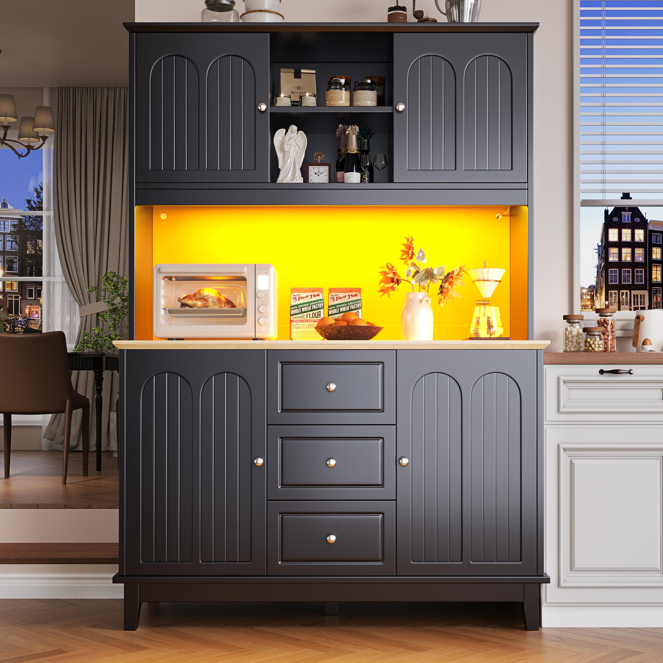 BTM Tall Kitchen Cabinet with LED Lighting Freestanding Larder Cupboard Sideboard with Worktop Living Room Cabinet, Black