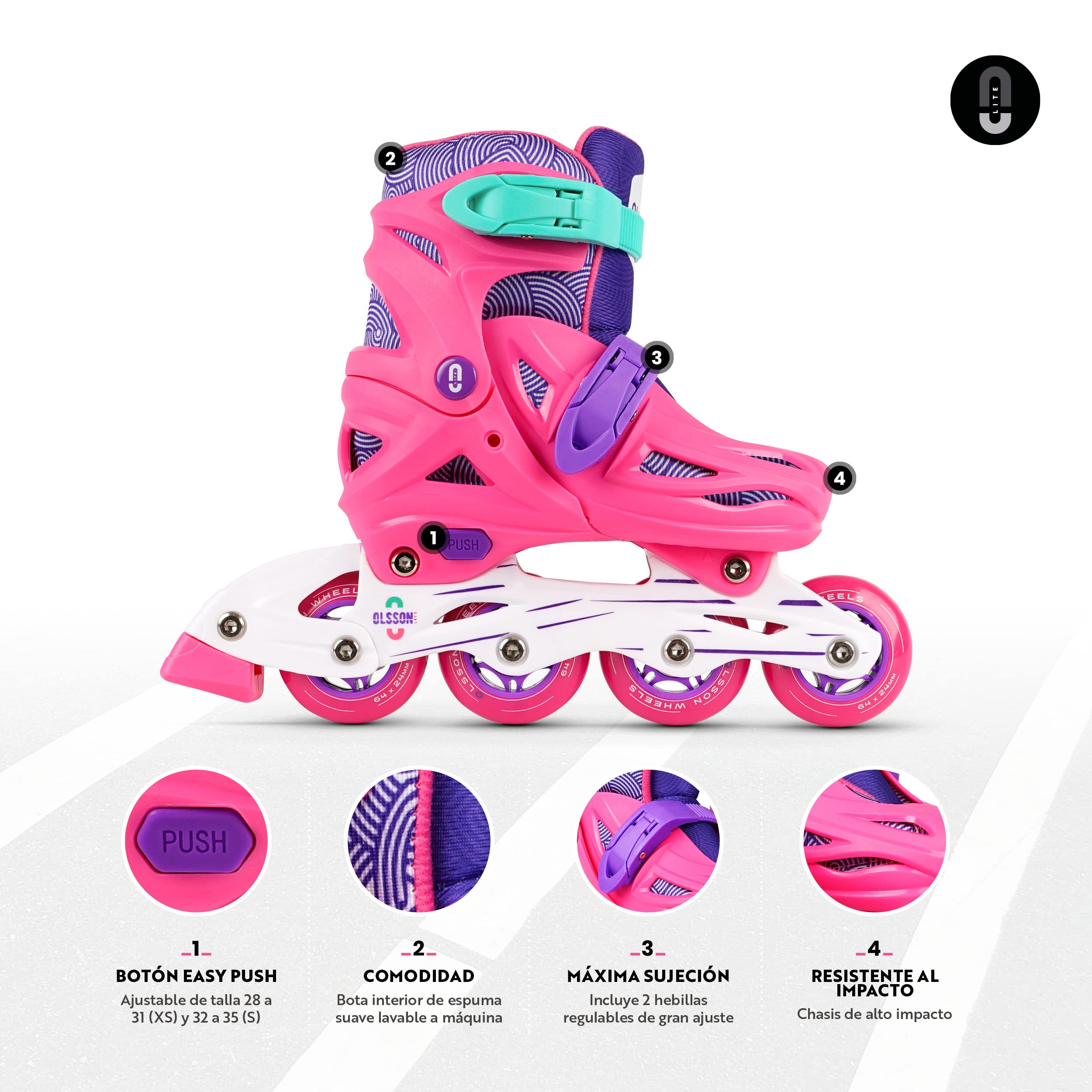 OLSSON Patines en línea niña niño Lite - Talla 28-35 - Sistema de Tamaño Ajustable - Rodamientos 608Z - chasis Resistente al Impacto - Ruedas 64/70MM - Sujeción Regulable - Homologado