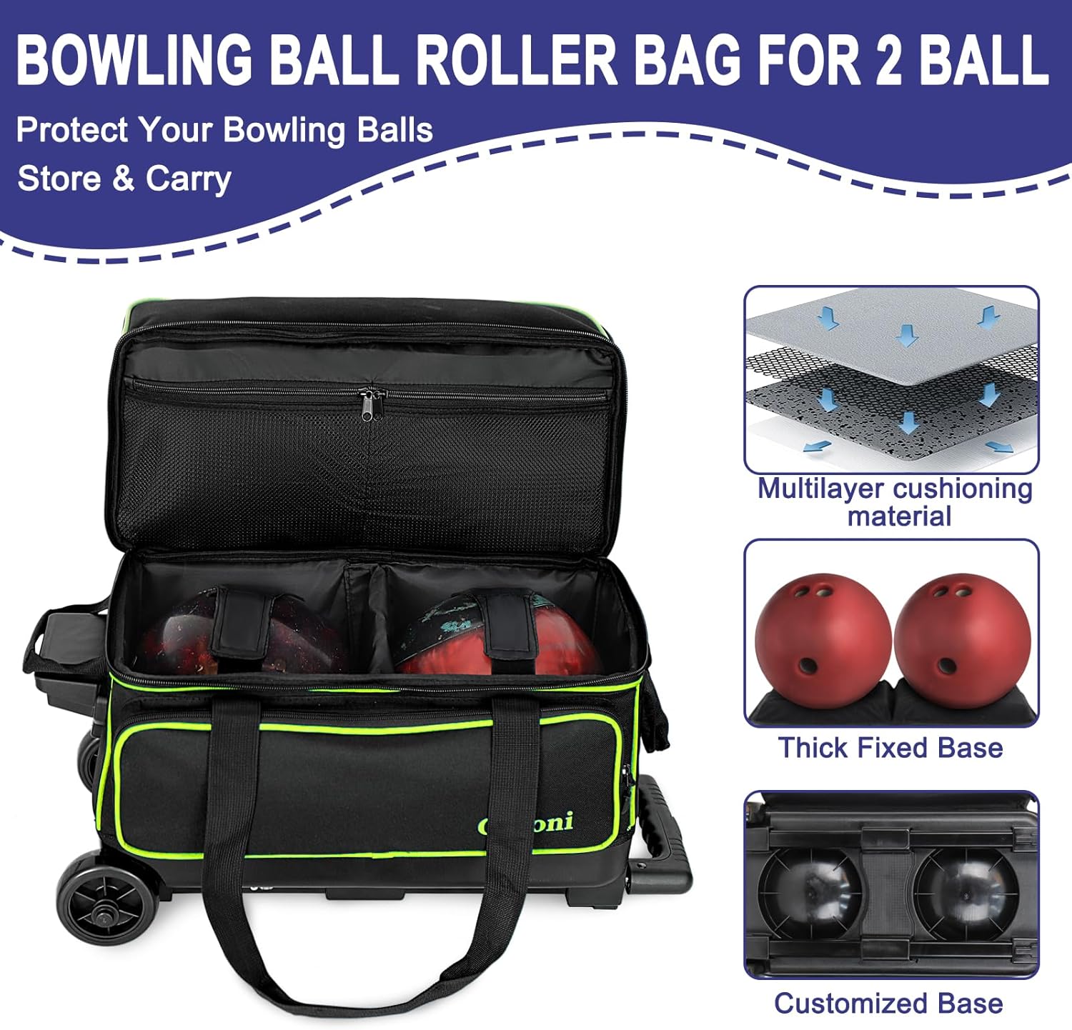 goloni double roller 2 ball bowling bag with separate shoe compartment,2 ball bowling bag with wheels,retractable handle extends to 40" green
