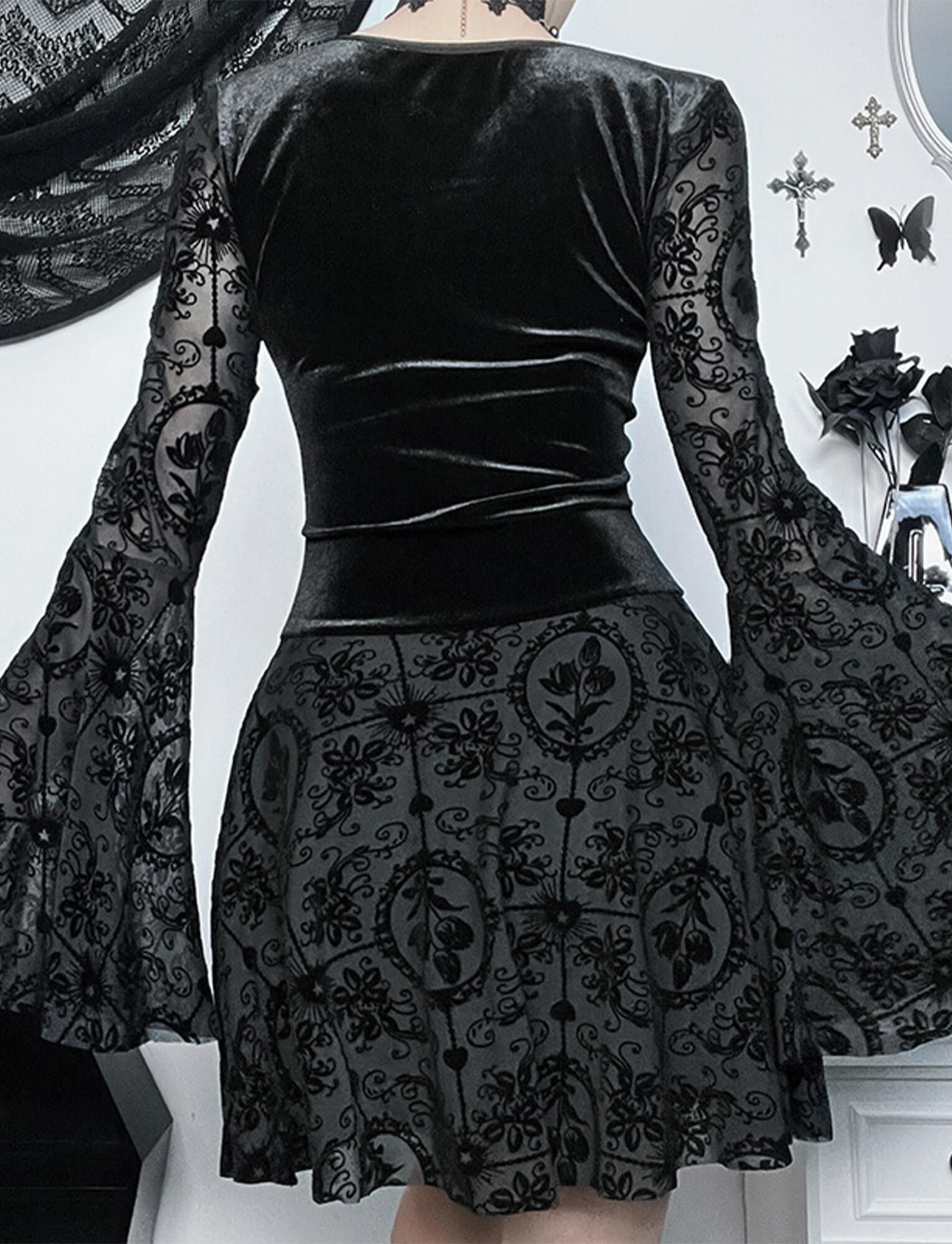 Maeau - Vestito Gotico Donna Retro Nero Steampunk Abito Vintage Pizzo Vestito A-Line Maxi Elegante Maniche Lunghe