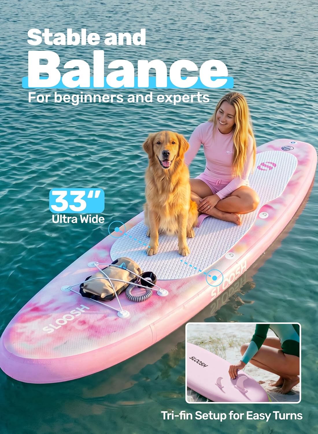 SLOOSH Inflatable Stand Up Paddle Board for Adult, Pink Inflatable Paddle Boards with Premium Accessories, Non-Slip EVA Deck, Ultra-Light Carry Bag Pump, Blow Up SUP for All Skill Levels