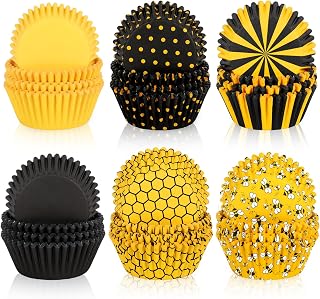 600Pcs Summer Honey Bee Cupcake Liner Honeycomb Stripe Paper Baking Cup Yellow Black Muffin Wrappers Cake Storage Container for Party DIY Craft, 2 x 1.2 Inch