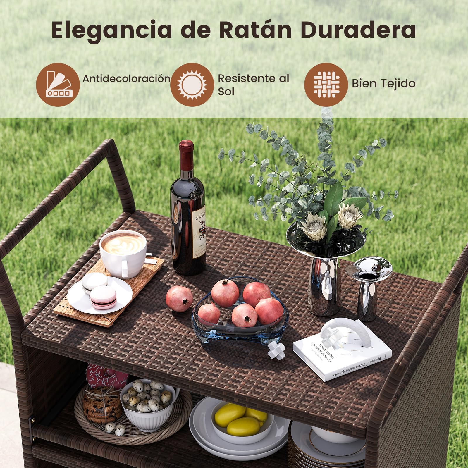 COSTWAY Carrito de Cocina de Ratán, Carro de Servicio Portátil de 3 Niveles con 4 Ruedas Bloqueables y Asas Laterales, Mesa de Exterior para Jardín y Patio, Color Marrón Mixto, 86x50x89cm