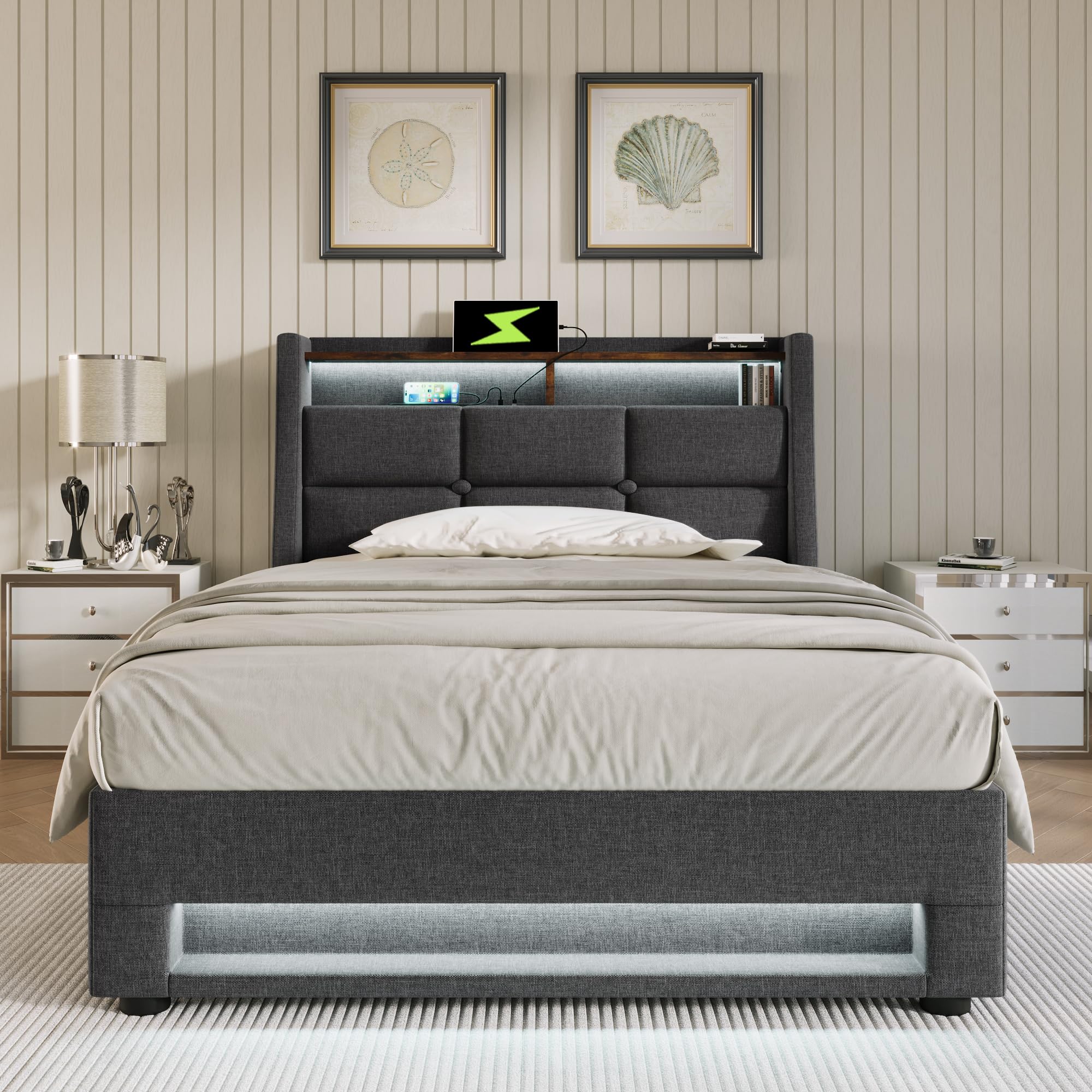 LAKFEW Cama Individual Camas Juveniles 90x200 cm con USB y LED, Cama 90 con Almacenamiento Hidráulico y Estante Abierto, Camas Individuales con Estructura de Metálica, Gris, Sin Colchón