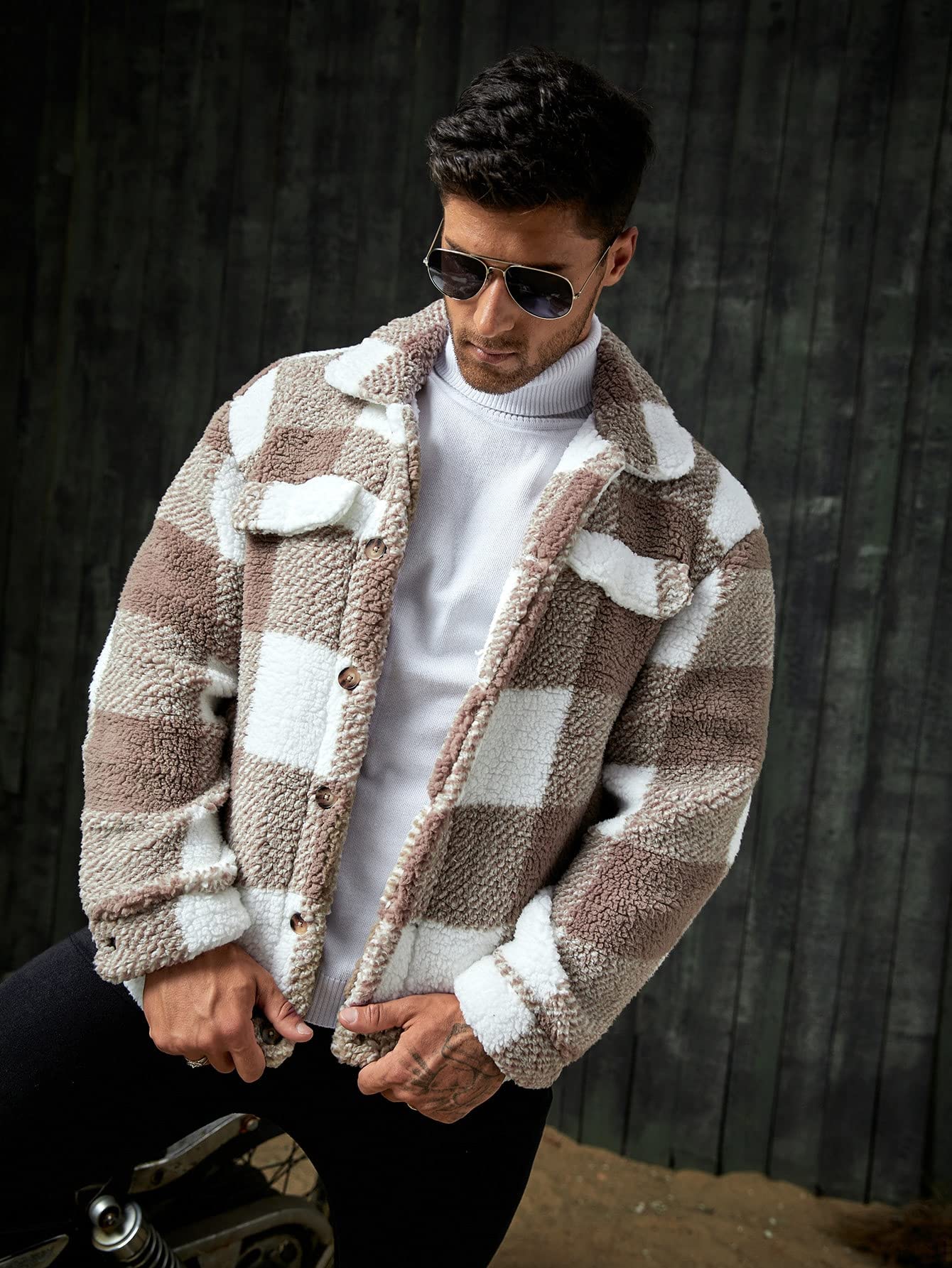 Amazon.com: Neeno Men Buffalo Plaid Letter Patched Teddy Jacket