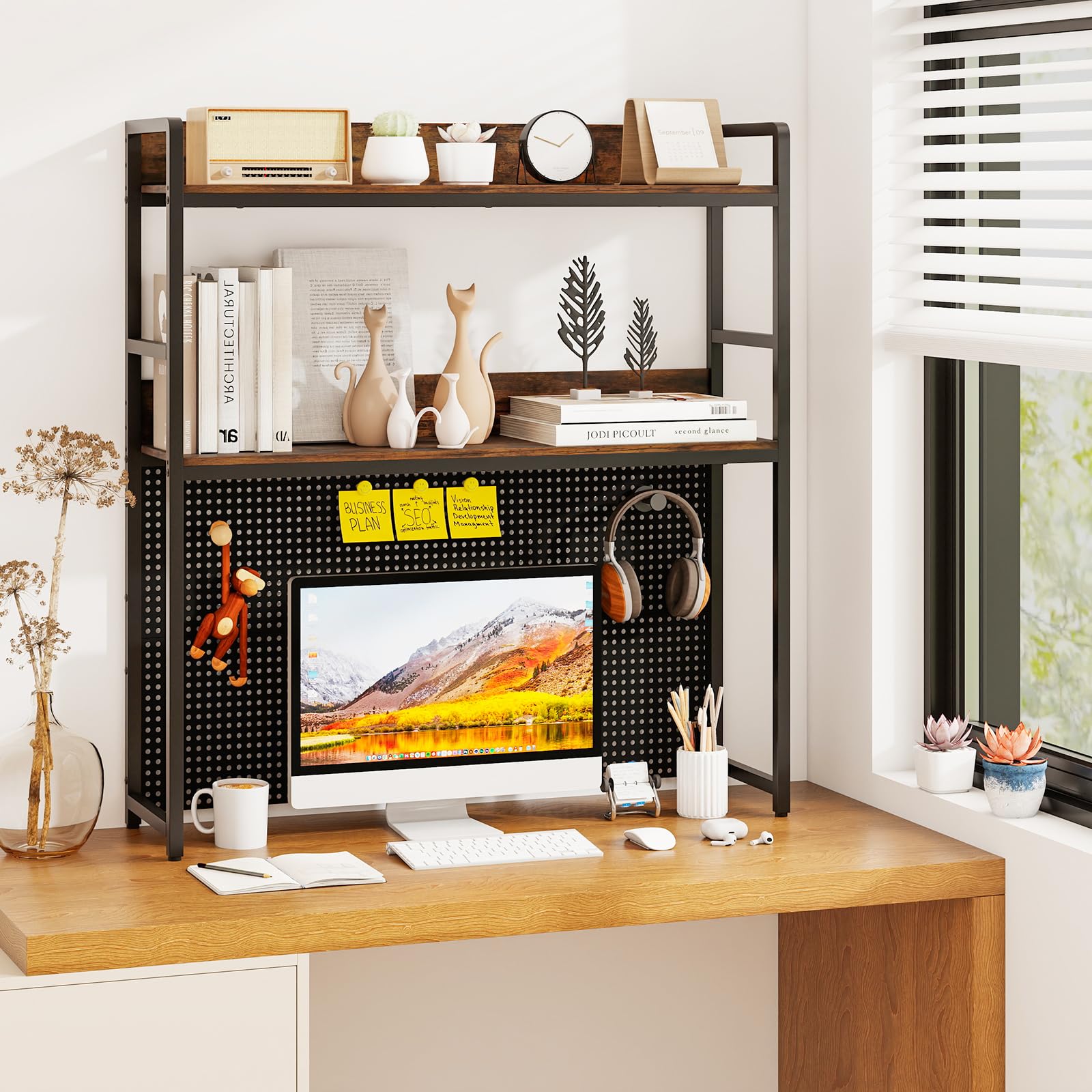 RELAX4LIFE Libreria da Scrivania, Scrivania Organizzatore Tavolo con Pegboard, Espositore Mensola Aperta per Dormitorio Ufficio e Studio, 94 x 27 x 103 cm