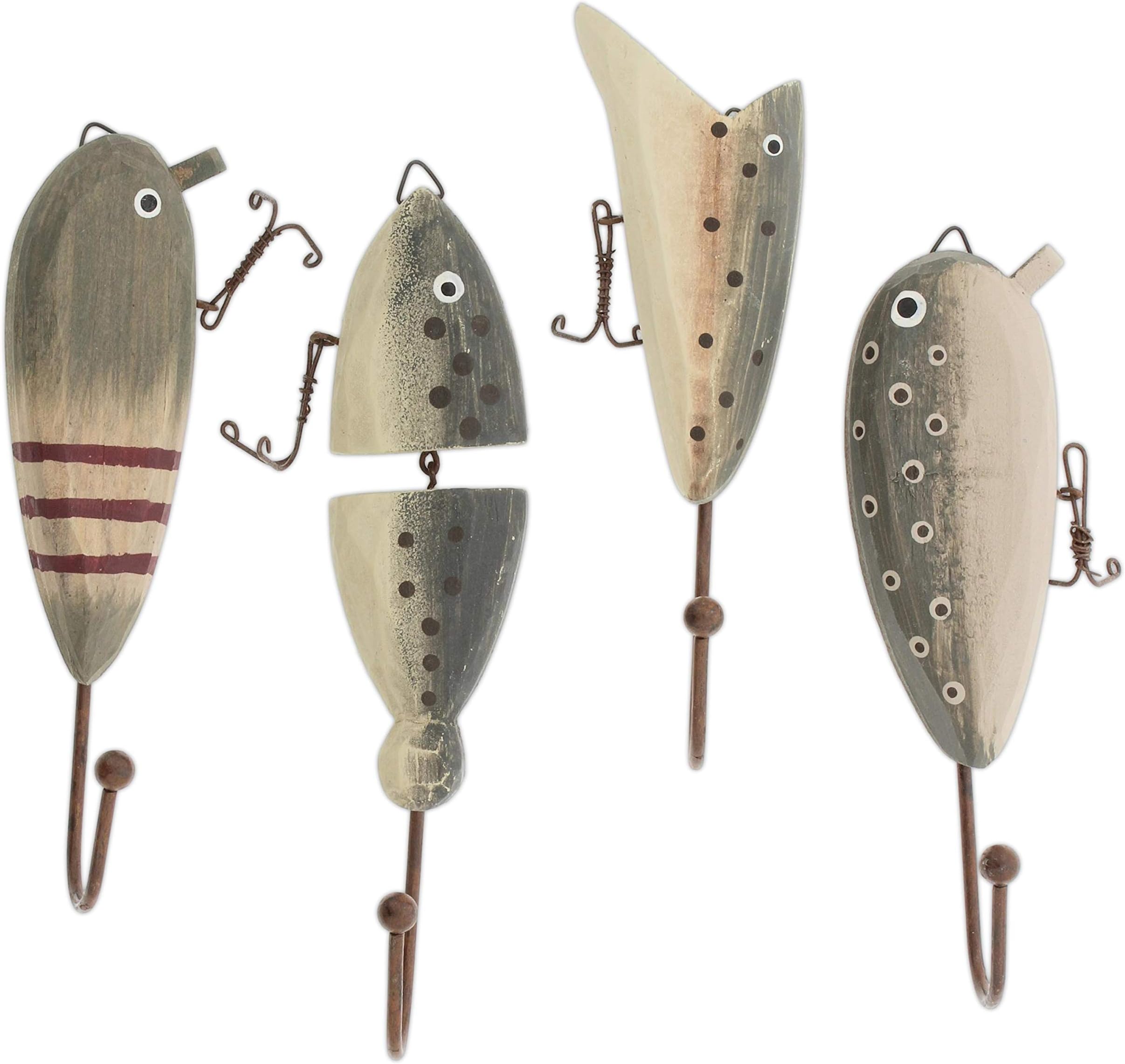 Distinctive Designs Wooden Fish Lure Wall Hooks, Set of 4, Green, Brown, 7H x 2W