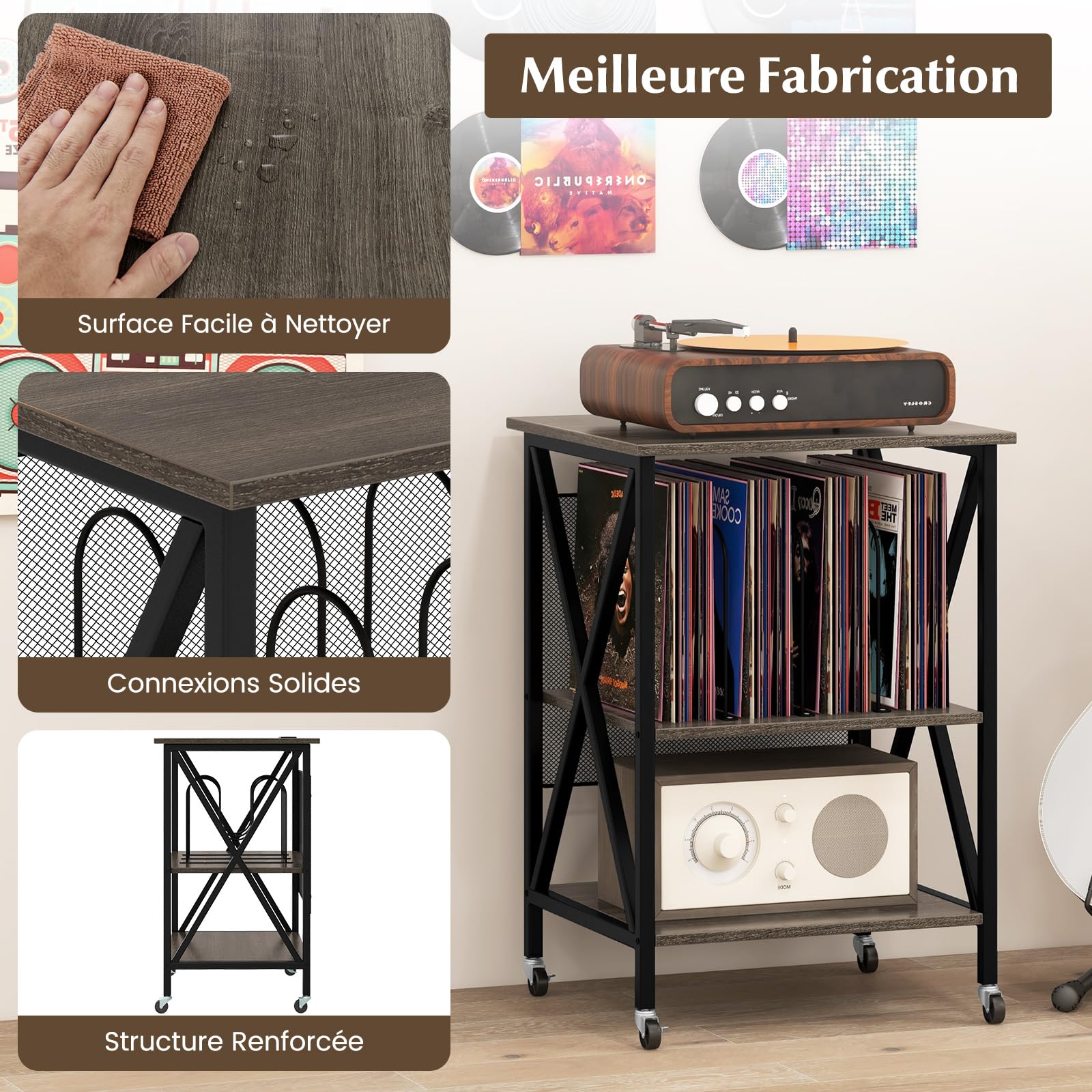 COSTWAY Meuble Tourne-Disque Vinyle avec Prise, Table d’Appoint à Roulette avec Station de Charge, 2 Prises, 1 USB, 1 Type-C, Bout de Canapé, Support Tourne-Disque Industriel (Gris)