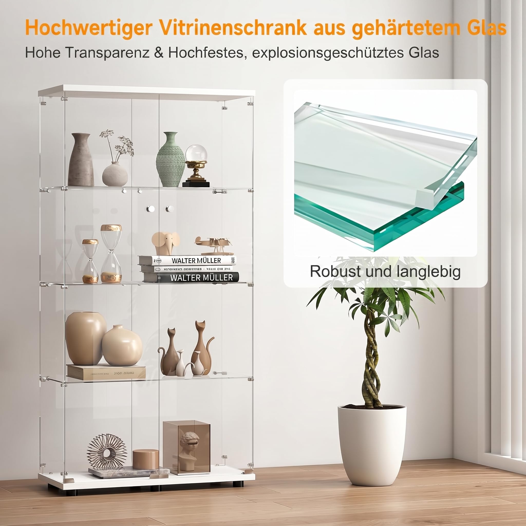 Vitrina De Cristal, Mueble De Colección Transparente, Vitrina Salon, 163x80x35cm, Vitrina Moderna De Pie para Salón, Oficina, Objetos De Colección, Libros, Vino