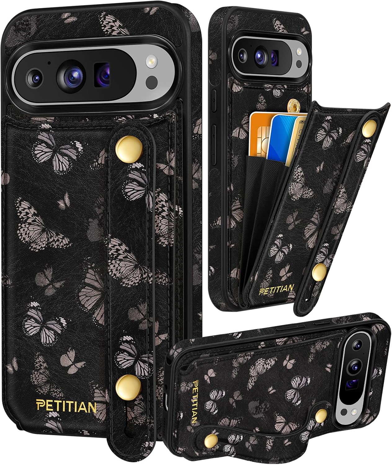 Petitian for Google Pixel 9 Pro XL Wallet Case, Black Butterfly