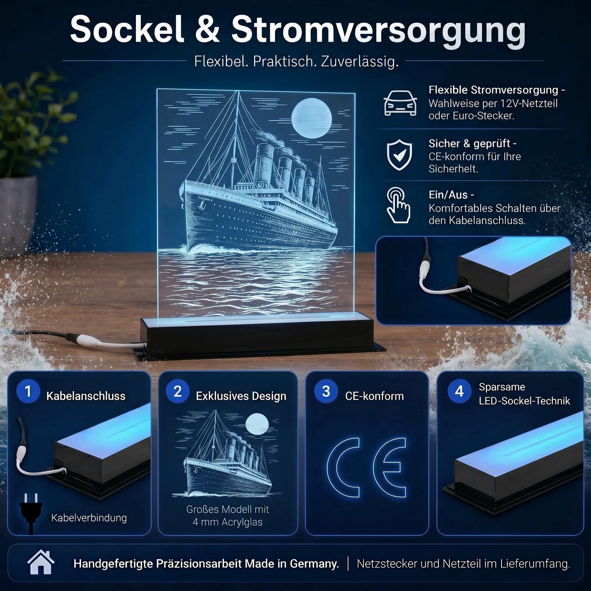 Titanic Premium LED Lampe – Handgefertigt in Deutschland, 36 cm, 16 Farben, dimmbar, Vollacryl-Sockel, 230V Netzbetrieb, Maritime Deko