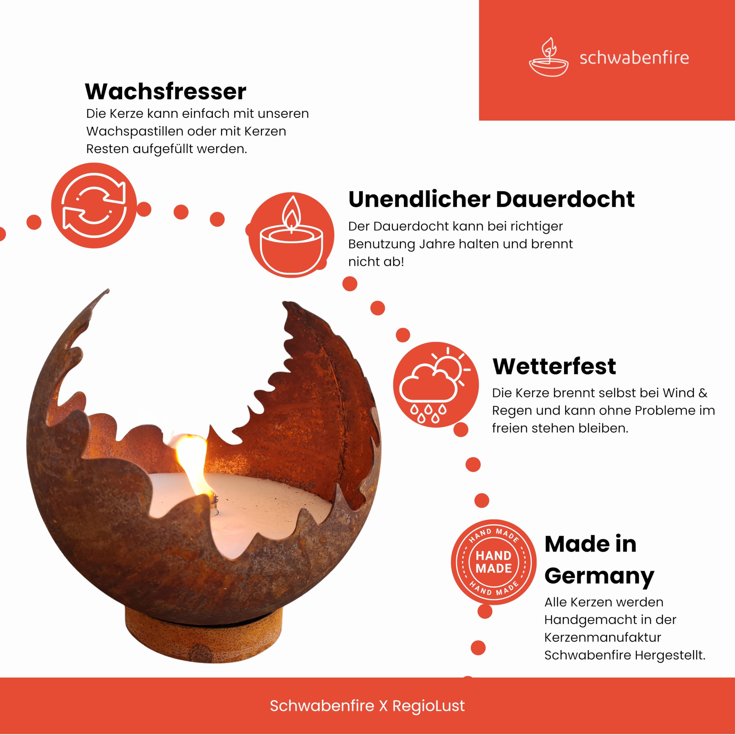 Schwabenfire Outdoor Kerze Edelrost Feuerkugel 30cm aus Kortenstahl mit Dauerdocht Große Outdoorkerze Wiederverwendbar Wachsfresser für Kerzenreste Balkon Deko Geschenke für Frauen Feuerschale