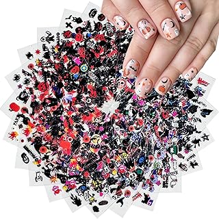 30 Sheets Halloween Nail Stickers Pumpkin Ghost Face Nail Charms Decals 3D Self Adhesive Spider Web Cat Bat Manicure Art Sticker for Acrylic Nails DIY Decorations