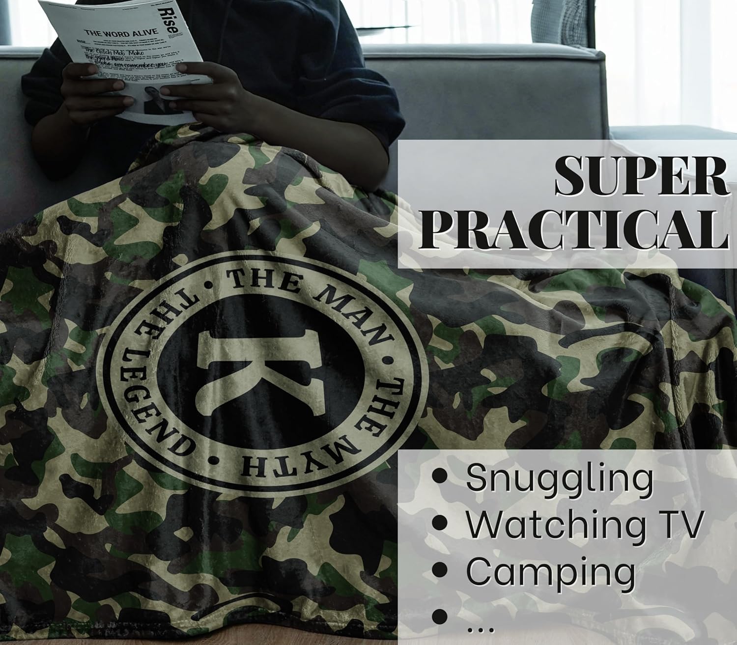 Personalized Camo Gifts for Men Who Have Everything, Military Gifts on Veterans Day, Customized Camouflage Blanket for Him on Birthday, Christmas - 50"x 65" Flannel Plush Throws - Letter J - Image 6