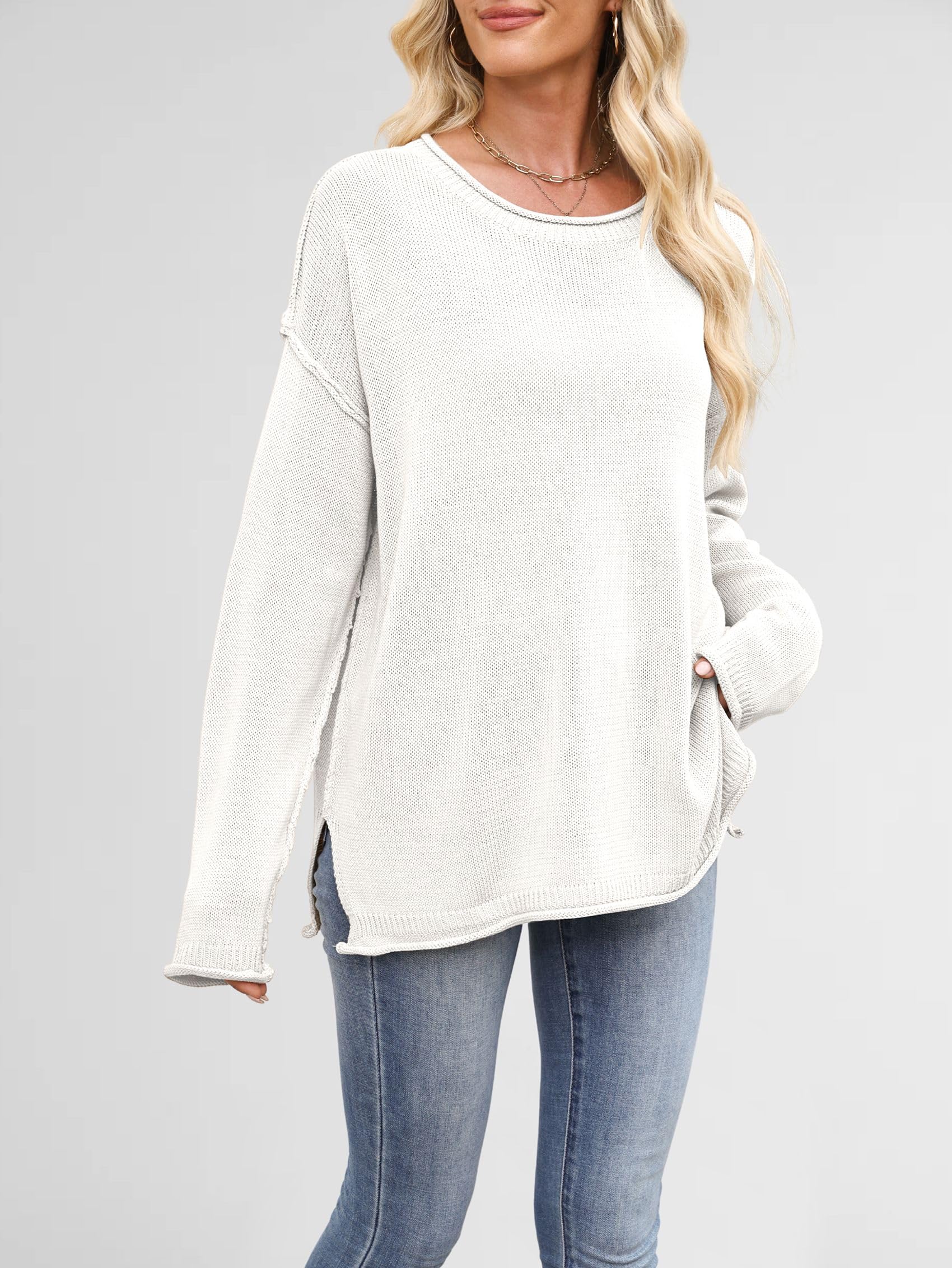 Luźne Swetry Damskie, Luźne, z Długim Rękawem i Okrągłym Dekoltem, Dzianinowe, Przytulne, Swetry Pullover Biały XL