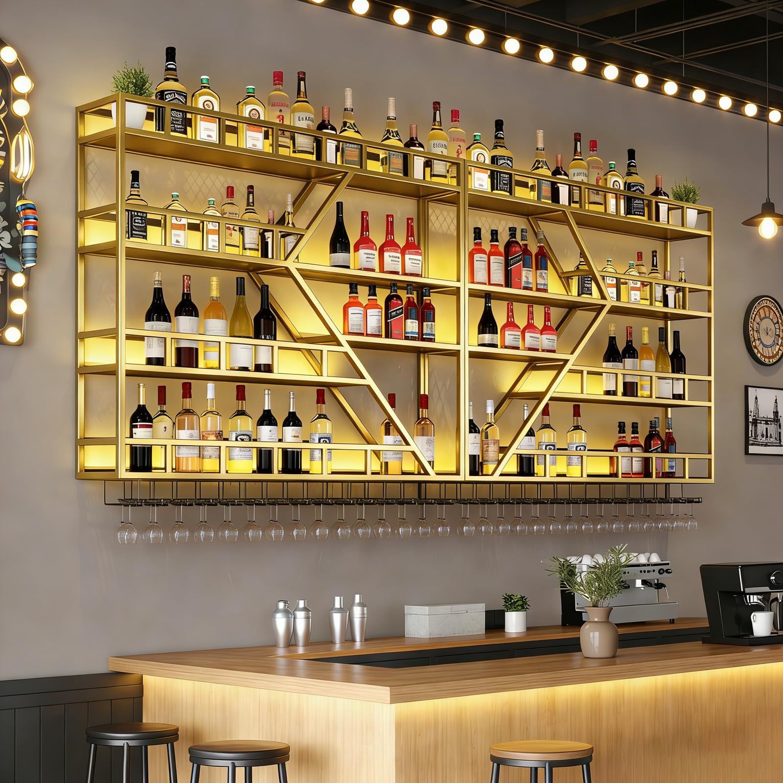 Porte Bouteille Grand Support à vin en métal, unité de Bar Flottante en Forme de Losange Tendance Moderne, étagères de Rangement pour vin pour décoration de Maison (Or, 4 Niveles - 200 cm)