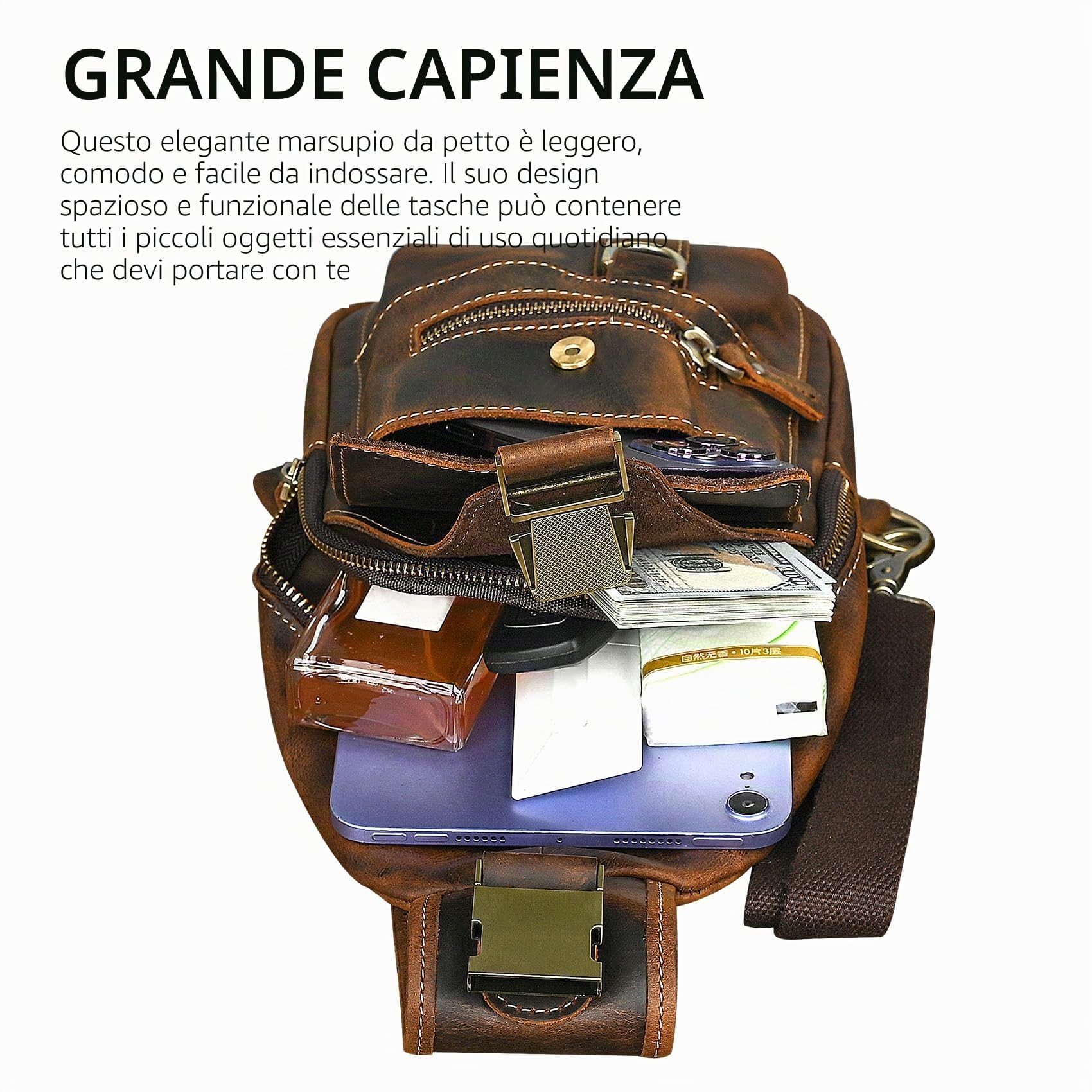 Tela+Cuoio genuino Borsa triangolare Borsa a tracolla Sling Chest Bag Viaggi Zaino-diurno-monospalla Per Uomo Uomo FB8013