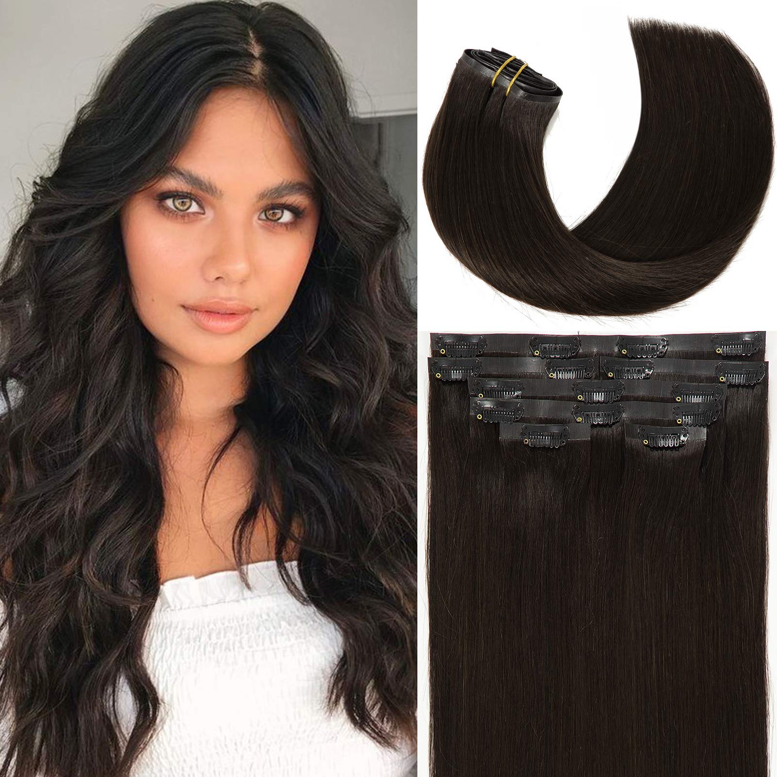 Loxxy Human Hair Clip in Extensions Seamless Clip on Hair Extensions 22inch Remy Hair Extensions Clip in Human Hair Color Natural Black Ultra-Thin Pu