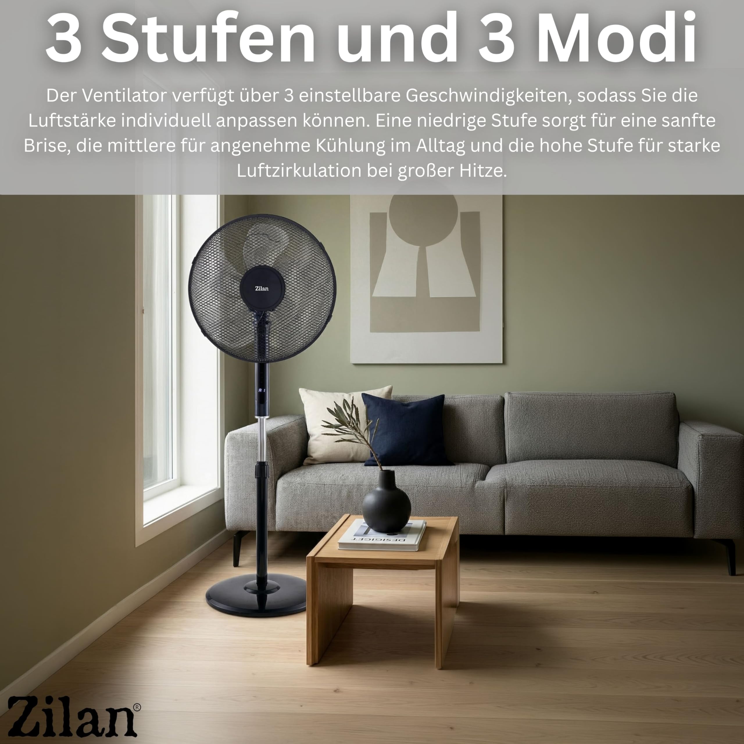 Zilan Standventilator 48W leise mit Fernbedienung Timer Ø43cm 3 Stufen Oszillation höhenverstellbar