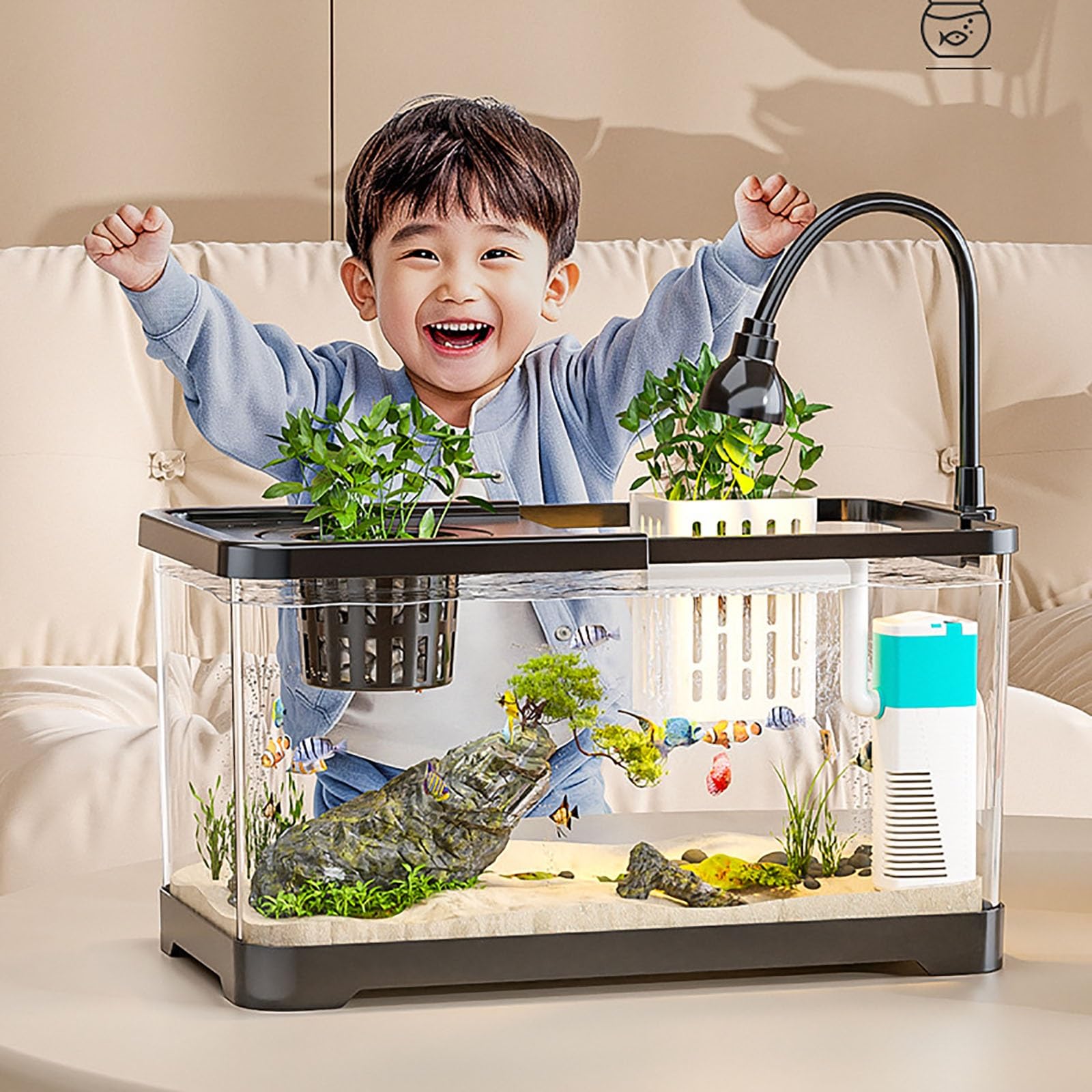 Piccolo acquario per pesci, acquario da tavolo, con filtro e luce, per gamberetti Betta, Guppy, meduse, pesci rossi, beta (M)