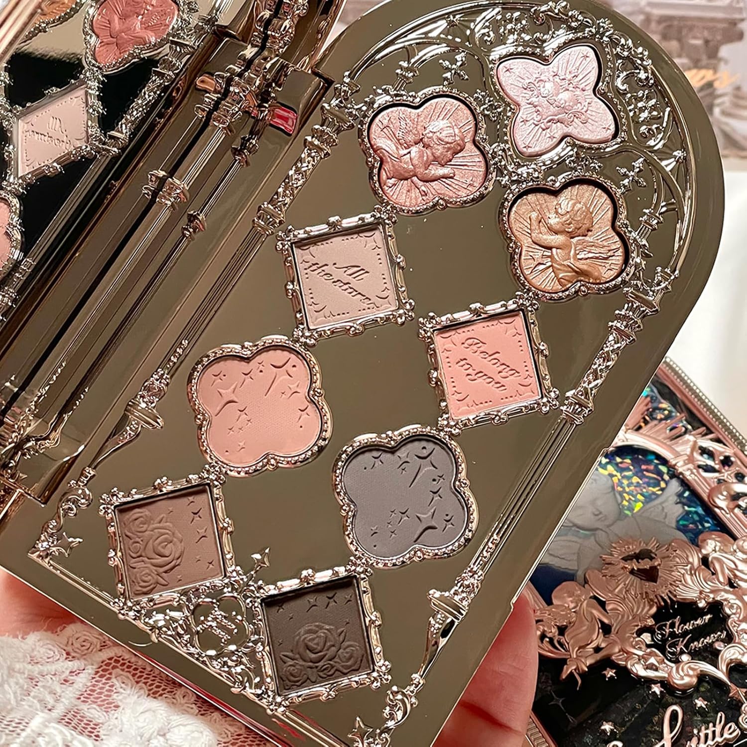 Flower Knows Little Angel 9-Color Eyeshadow Palette,Pink Beige Makeup Palette with 6 Matte + 3 Shimmer Shades,Blendable Smooth Cute Eye Makeup,0.37 Oz(01 Eden's Angel) - Image 8