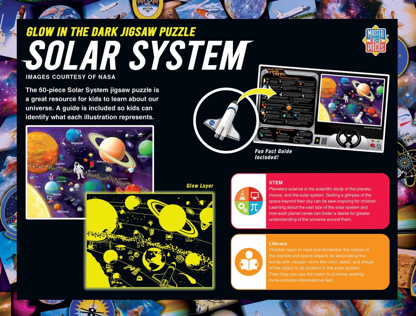 Masterpieces 60 Piece Glow in the Dark Jigsaw Puzzle for Kids - NASA Solar System - 16.5"x12.75"